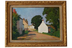Antique French Country Road Landscape Oil on Canvas Painting by Charles Perron