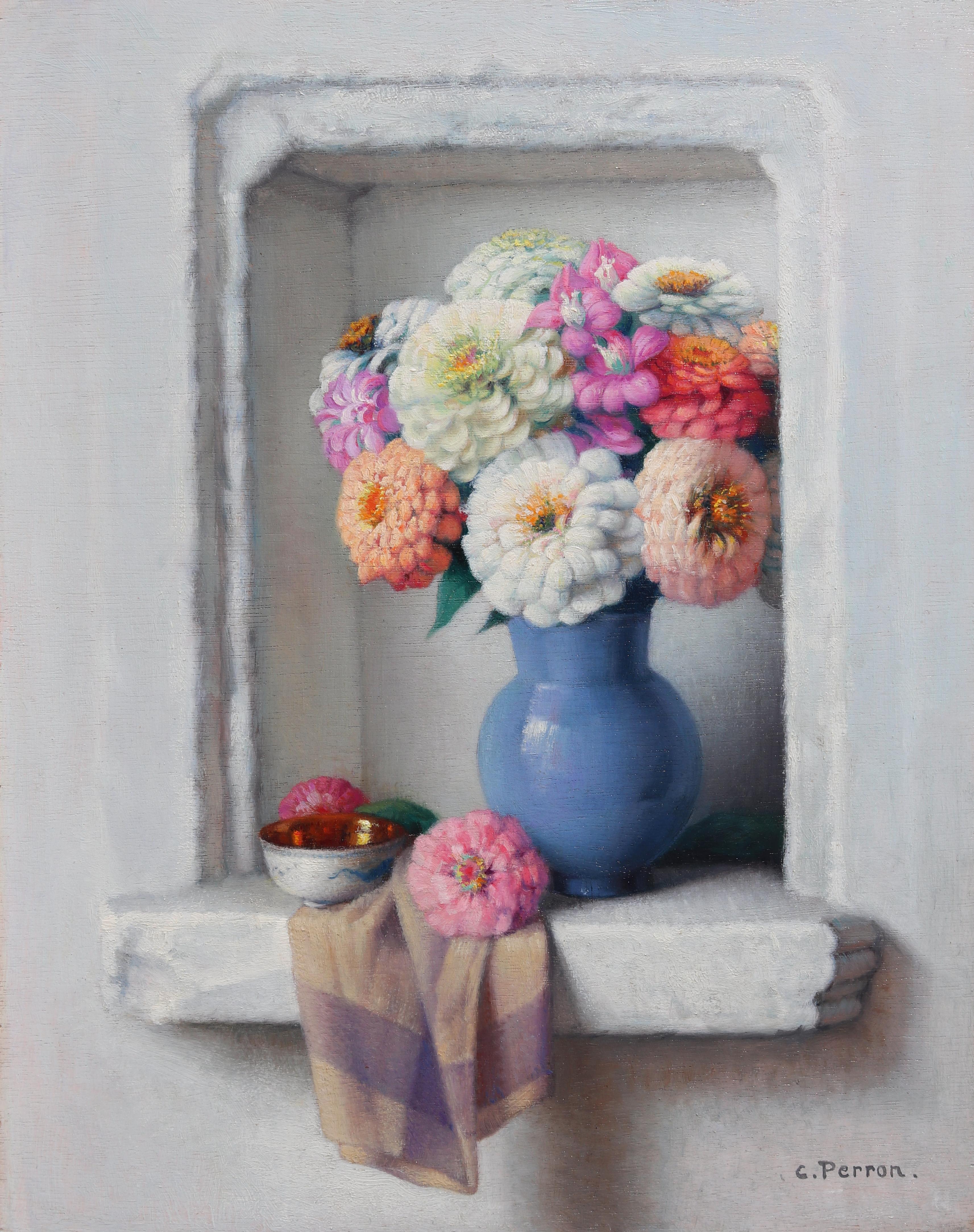 Charles Perron Still-Life Painting - Bouquet de zinnias
