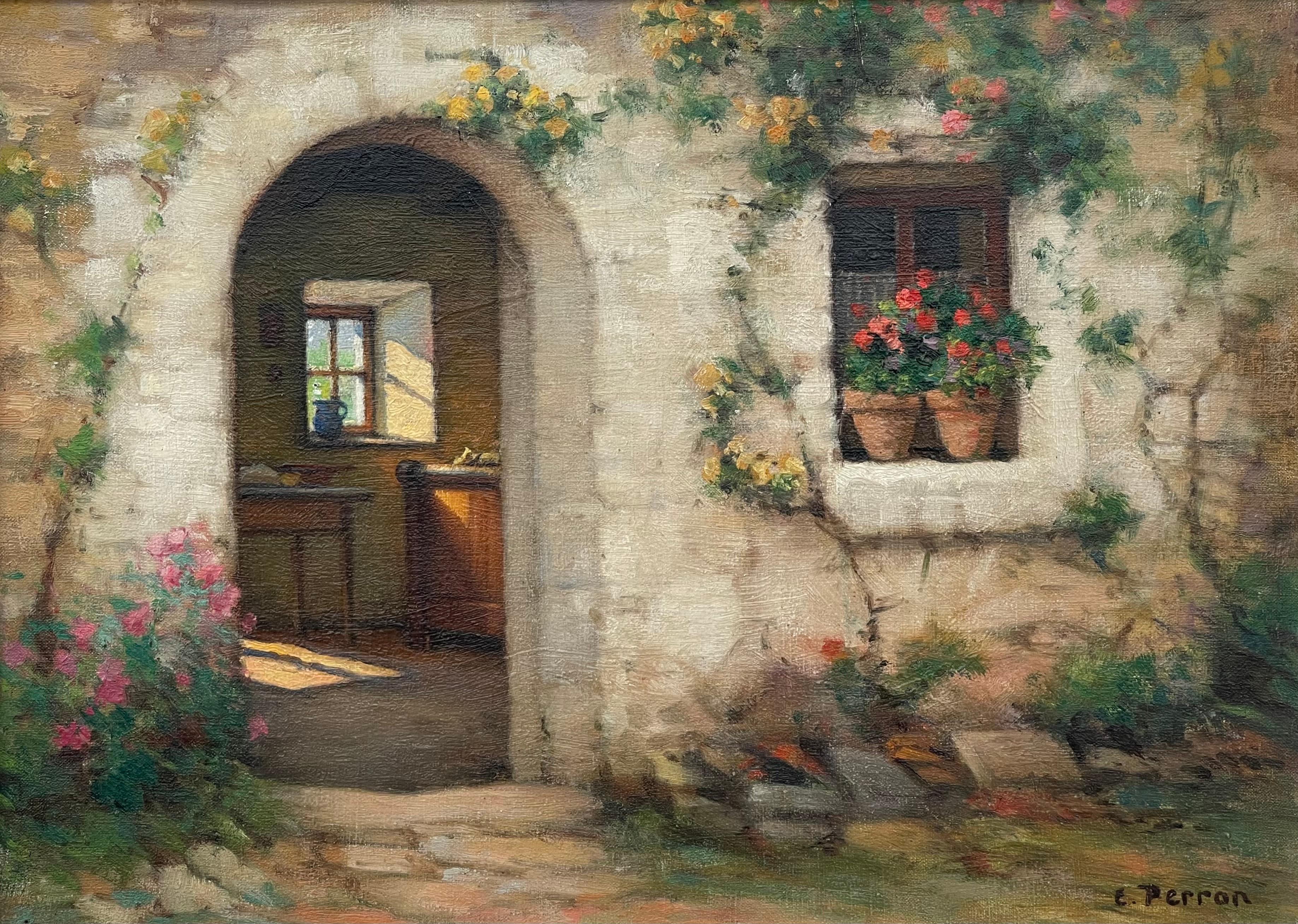 Early 20th Century Oil of French Stone Building entitled Interieur et Exteriuer For Sale 5