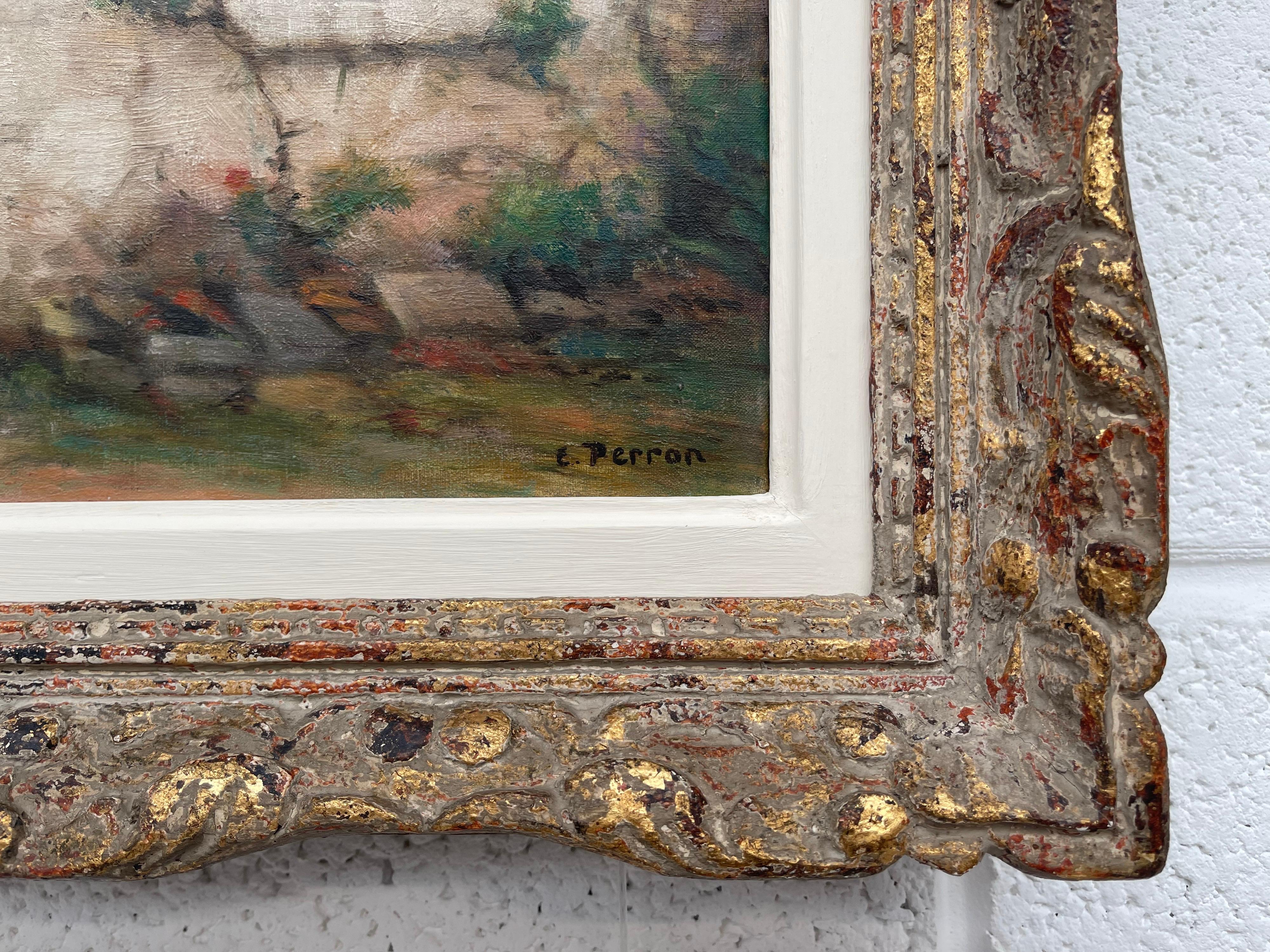 Early 20th Century Oil of French Stone Building entitled Interieur et Exteriuer For Sale 6