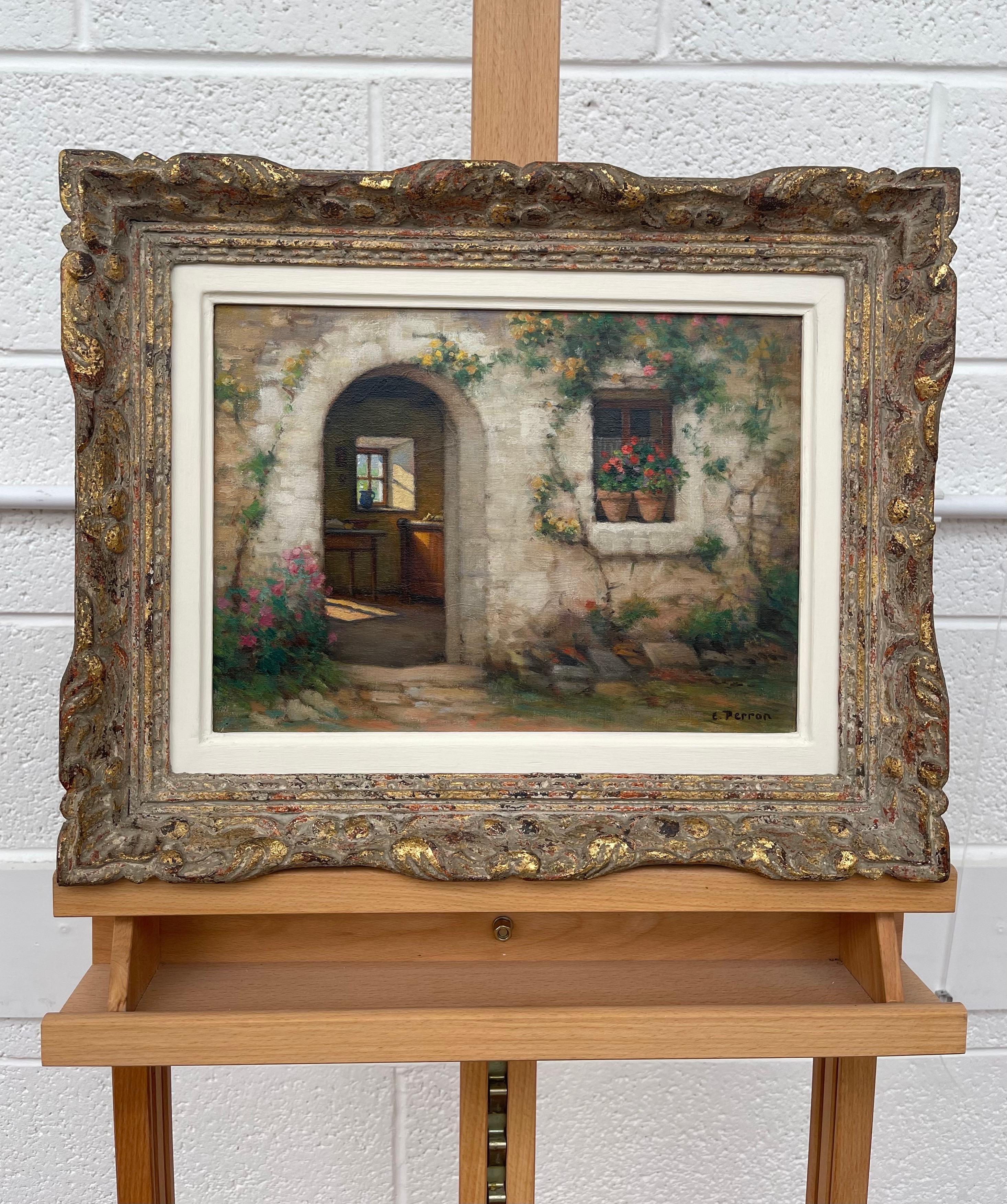 Ölgemälde eines französischen Steingebäudes mit dem Titel Interieur et Exteriuer aus dem frühen 20. Jahrhundert (Realismus), Painting, von Charles Perron