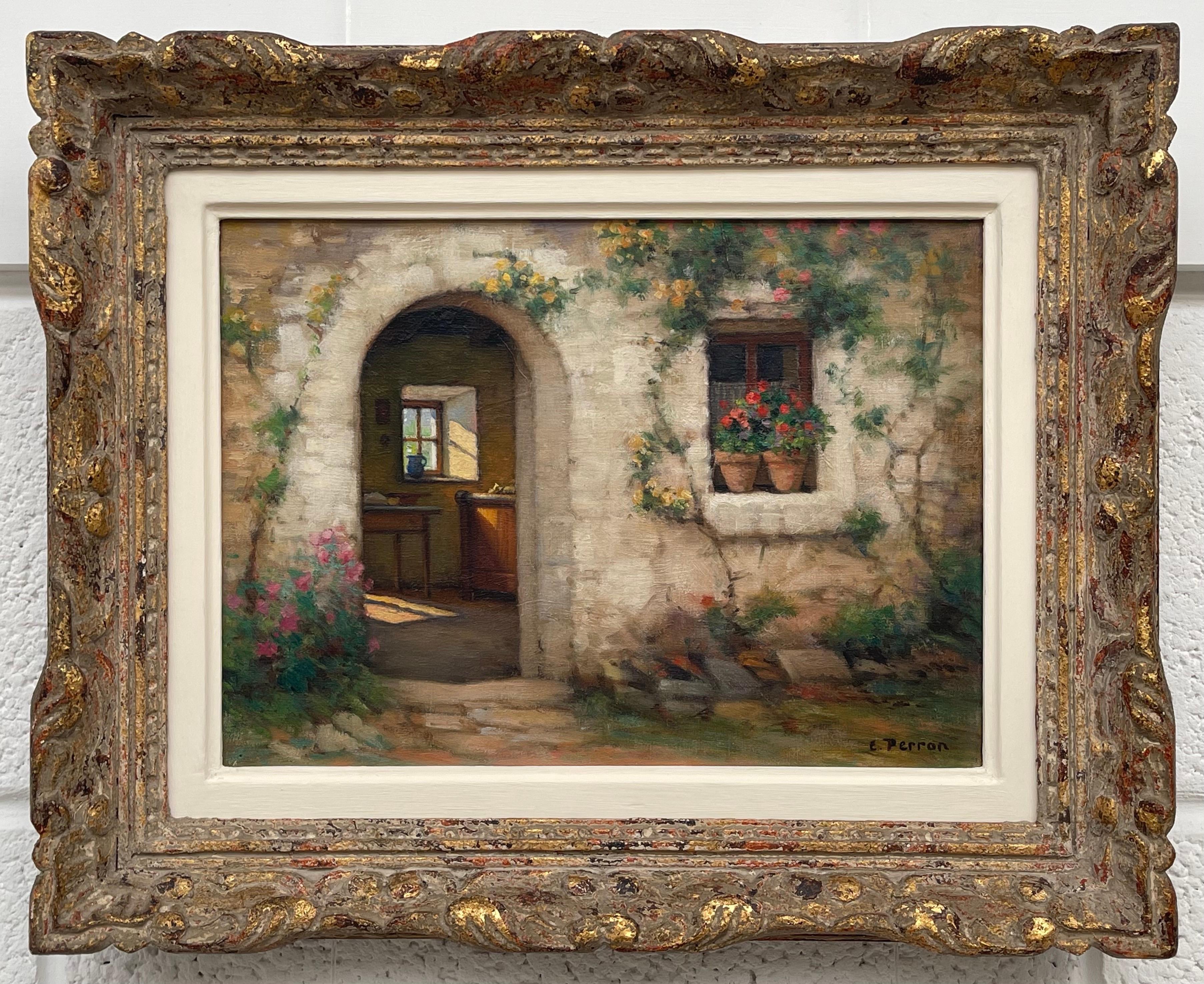 Early 20th Century Oil of French Stone Building entitled Interieur et Exteriuer - Realist Painting by Charles Perron