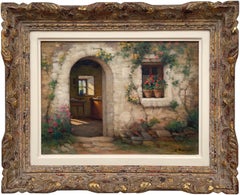 Antique Early 20th Century Oil of French Stone Building entitled Interieur et Exteriuer