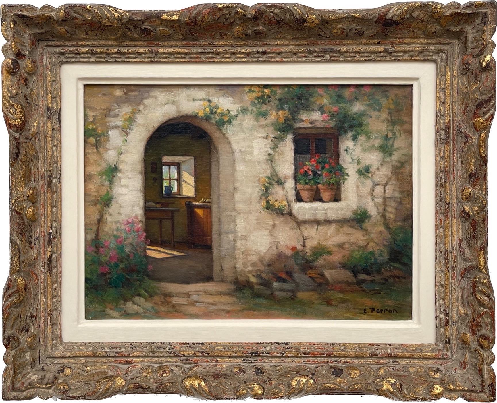 Huile du début du 20e siècle d'un bâtiment en pierre français intitulée Interieur et Exteriuer
