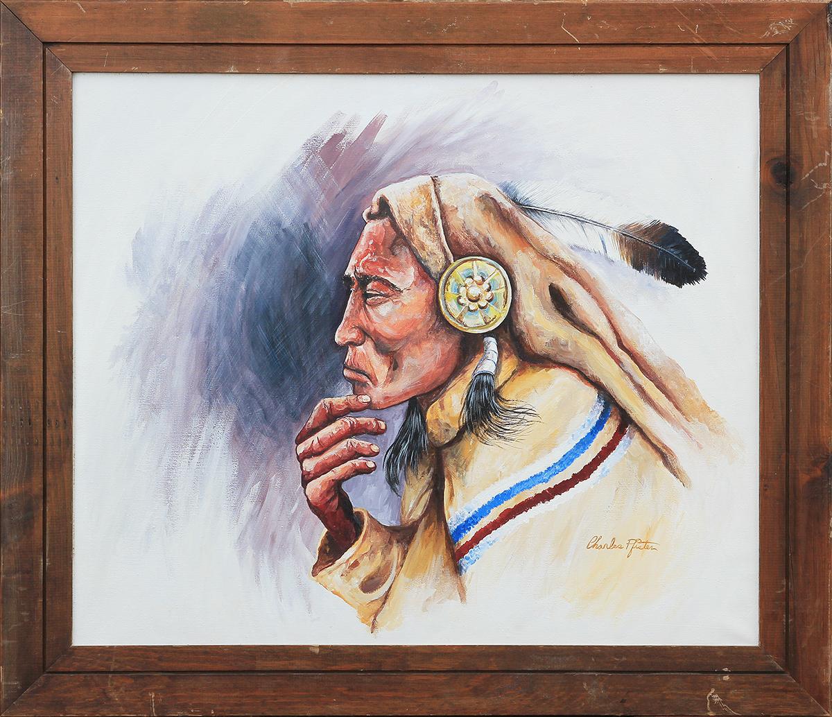 Charles Pfister Figurative Painting - Naturalistic Aged Native American Profile Portrait Painting