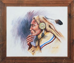 Vintage Naturalistic Aged Native American Profile Portrait Painting