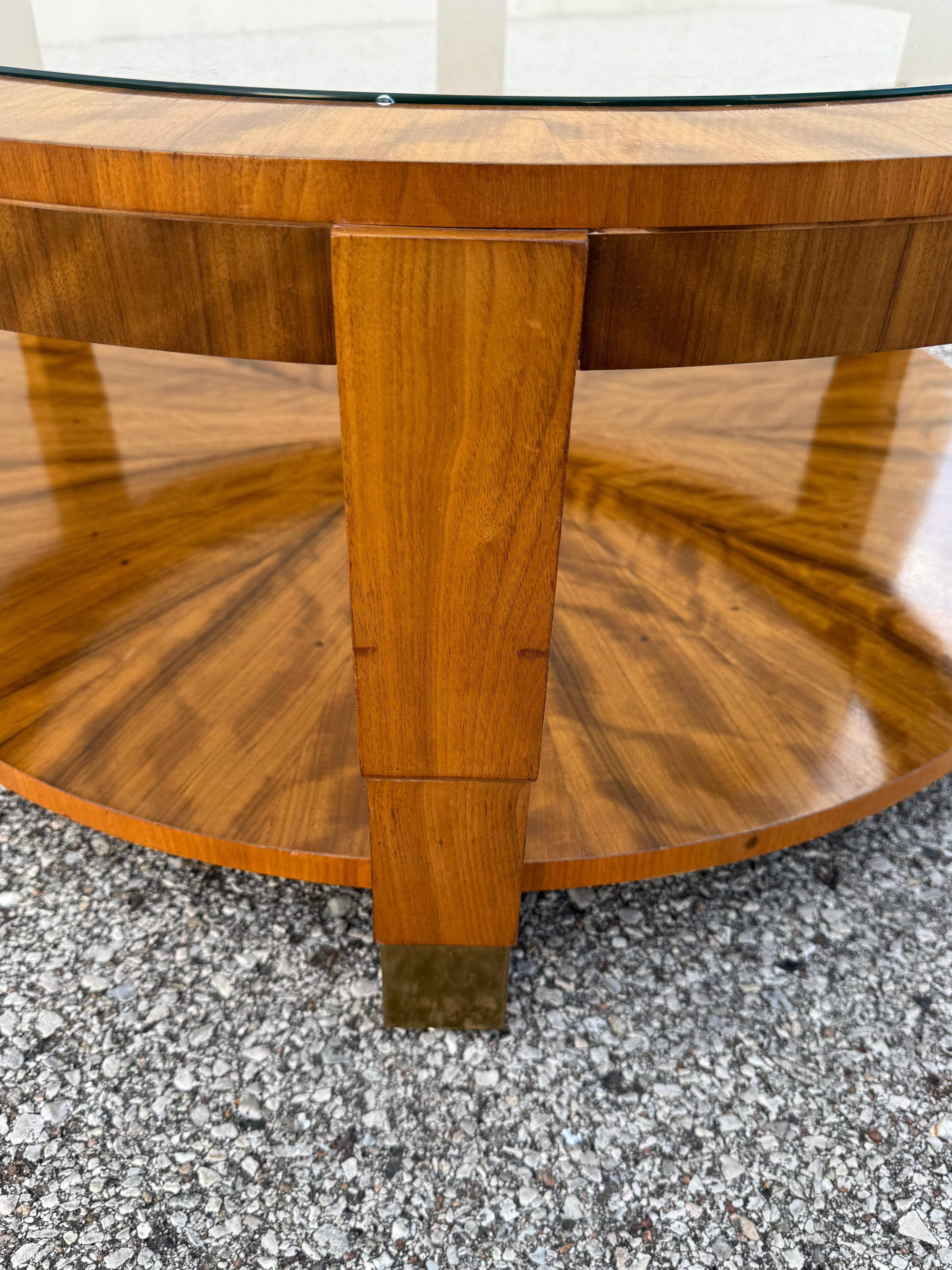 Charles Pfister Art Deco High Style Round Glass Top & Exotic Flame Veneer Base For Sale 5