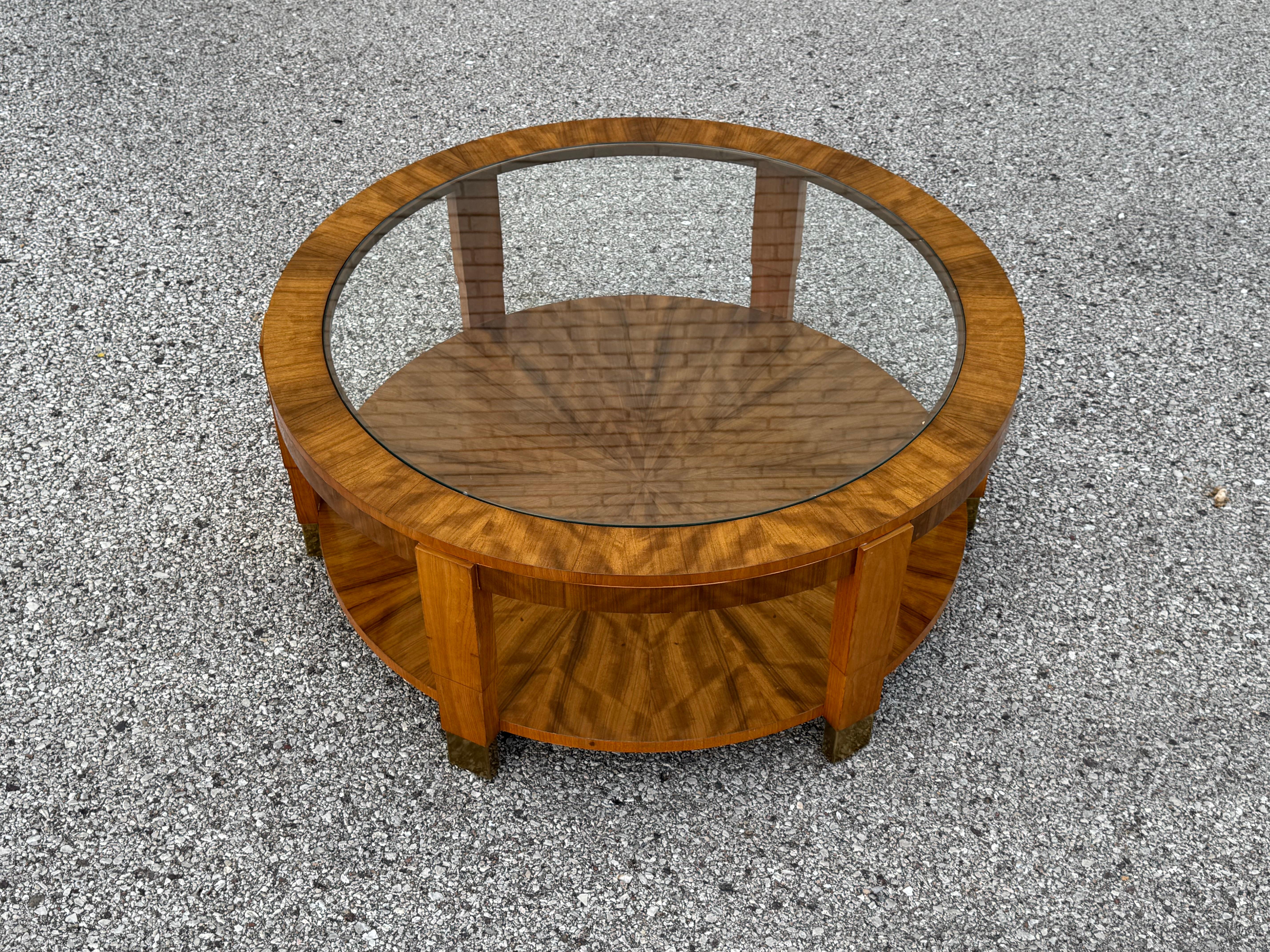 American Charles Pfister Art Deco High Style Round Glass Top & Exotic Flame Veneer Base For Sale