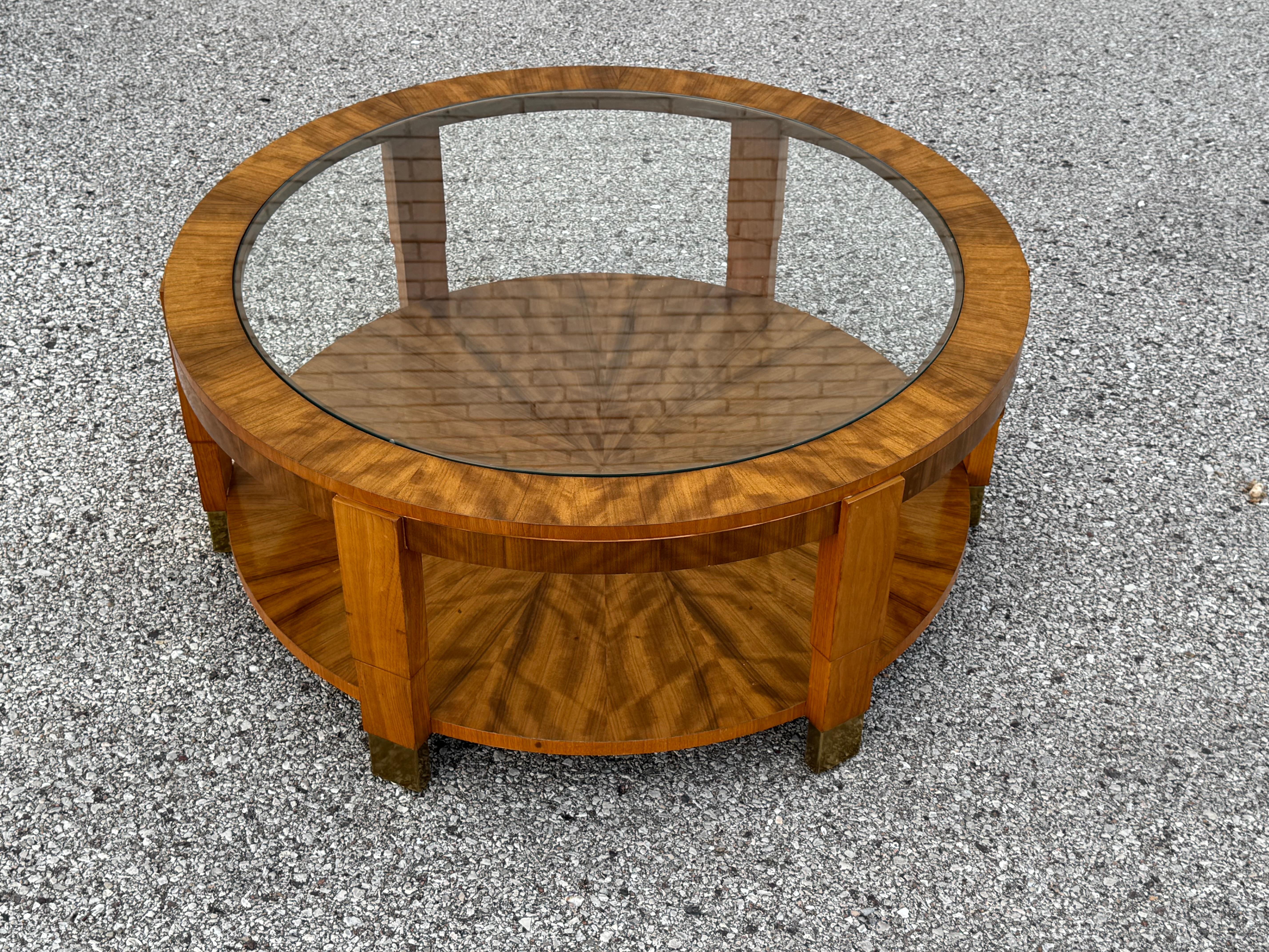 Charles Pfister Art Deco High Style Round Glass Top & Exotic Flame Veneer Base In Good Condition For Sale In St. Louis, MO