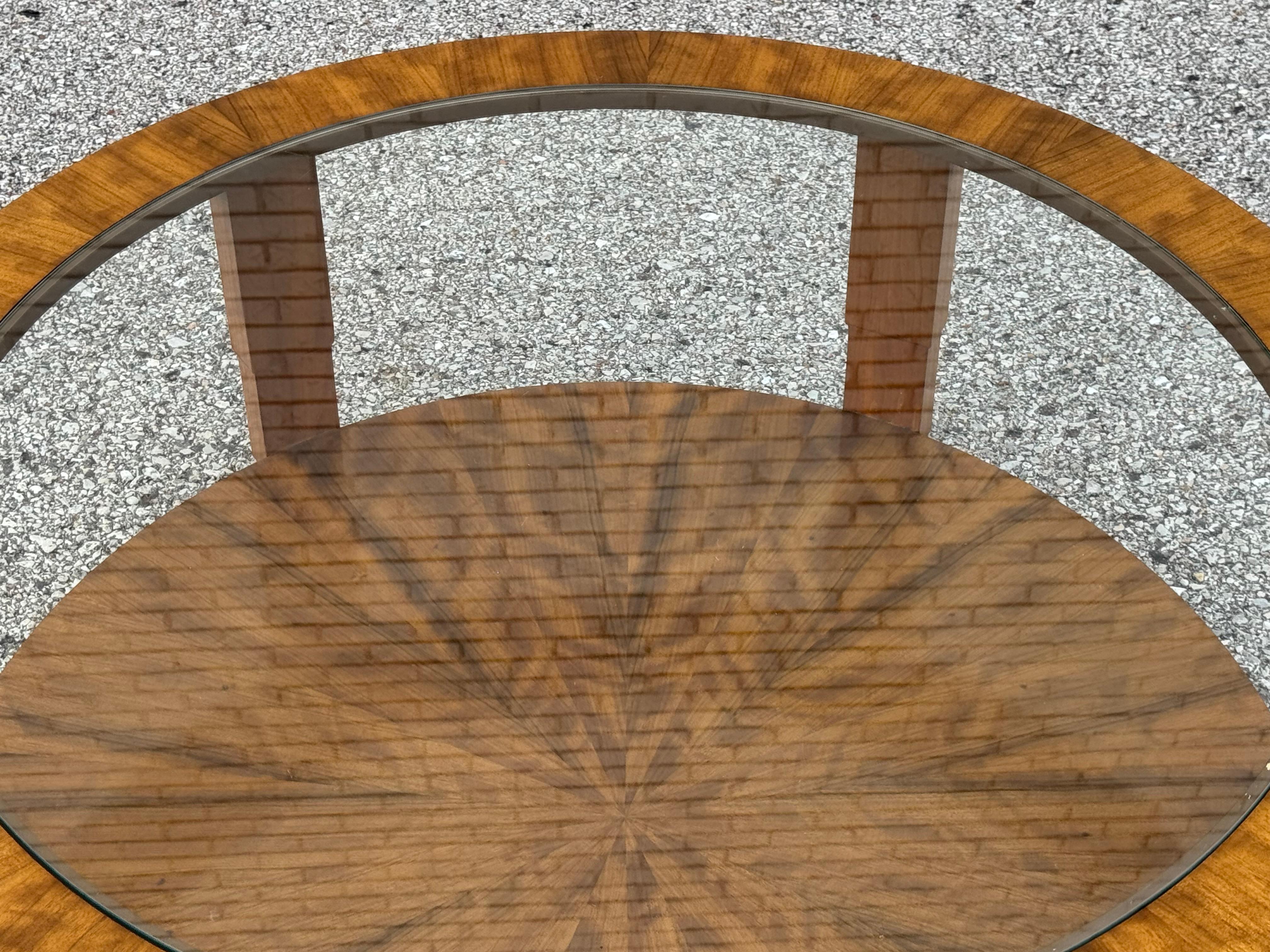 Late 20th Century Charles Pfister Art Deco High Style Round Glass Top & Exotic Flame Veneer Base For Sale