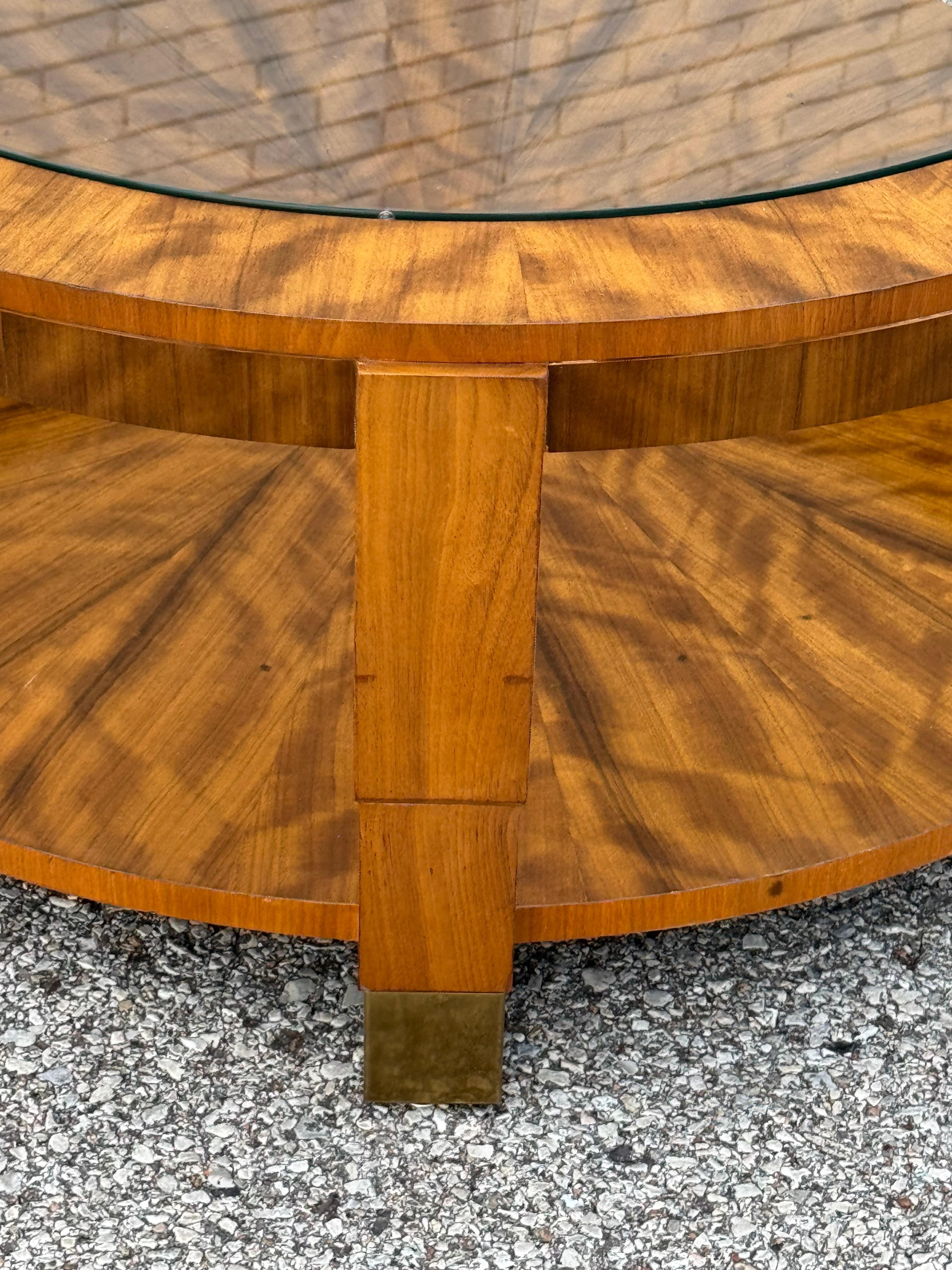 Brass Charles Pfister Art Deco High Style Round Glass Top & Exotic Flame Veneer Base For Sale