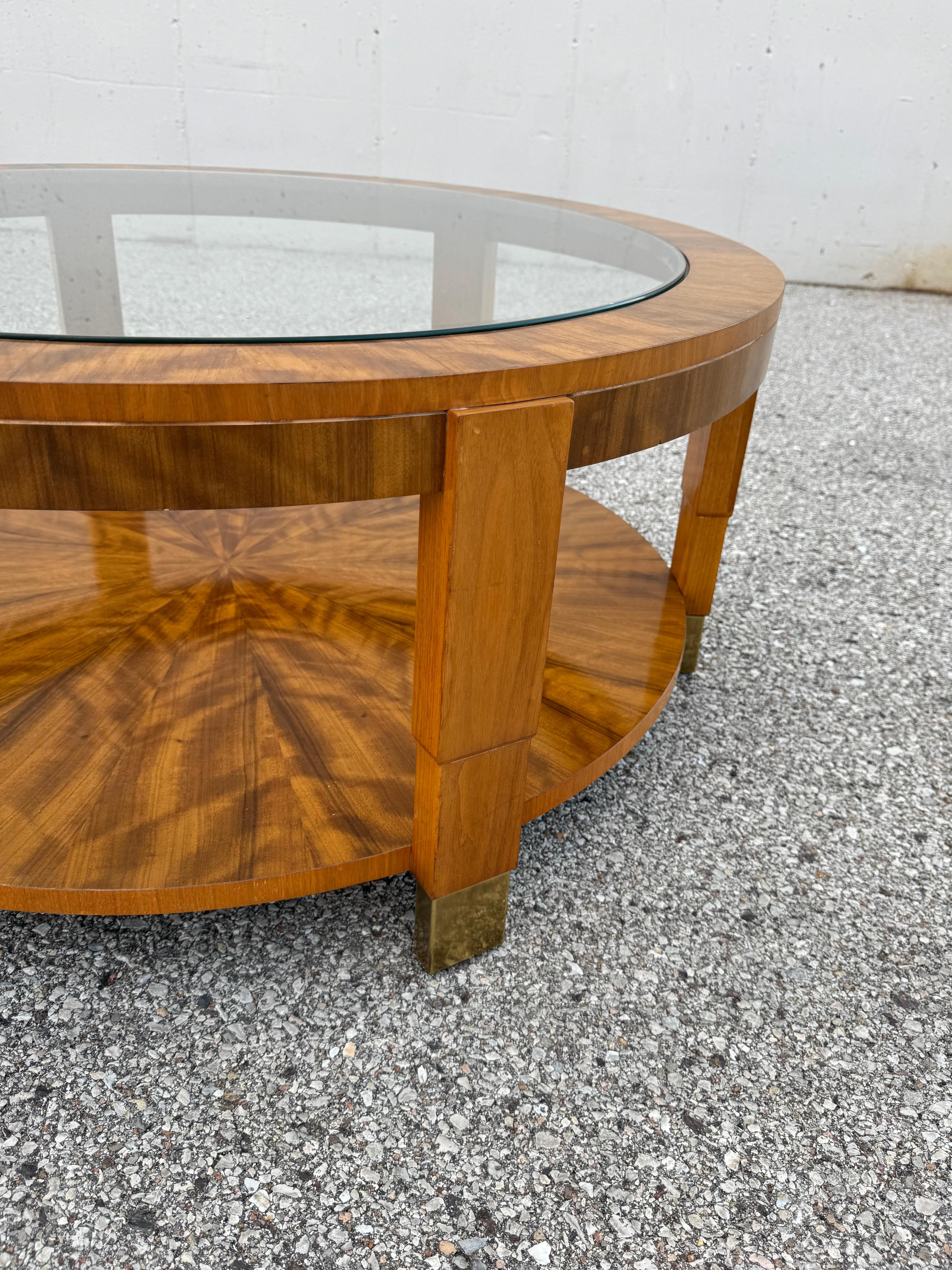 Charles Pfister Art Deco High Style Round Glass Top & Exotic Flame Veneer Base For Sale 1