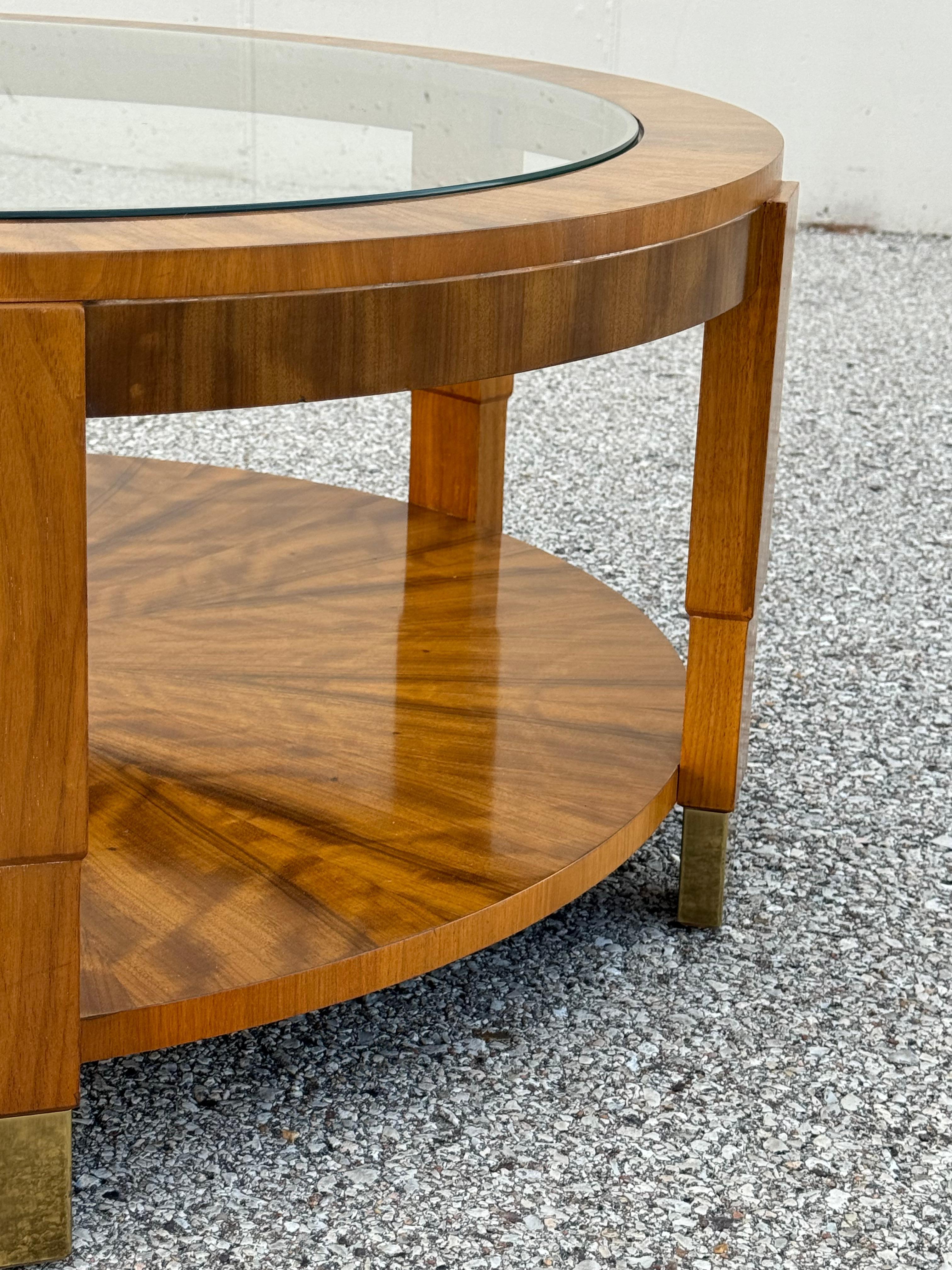 Charles Pfister Art Deco High Style Round Glass Top & Exotic Flame Veneer Base For Sale 2
