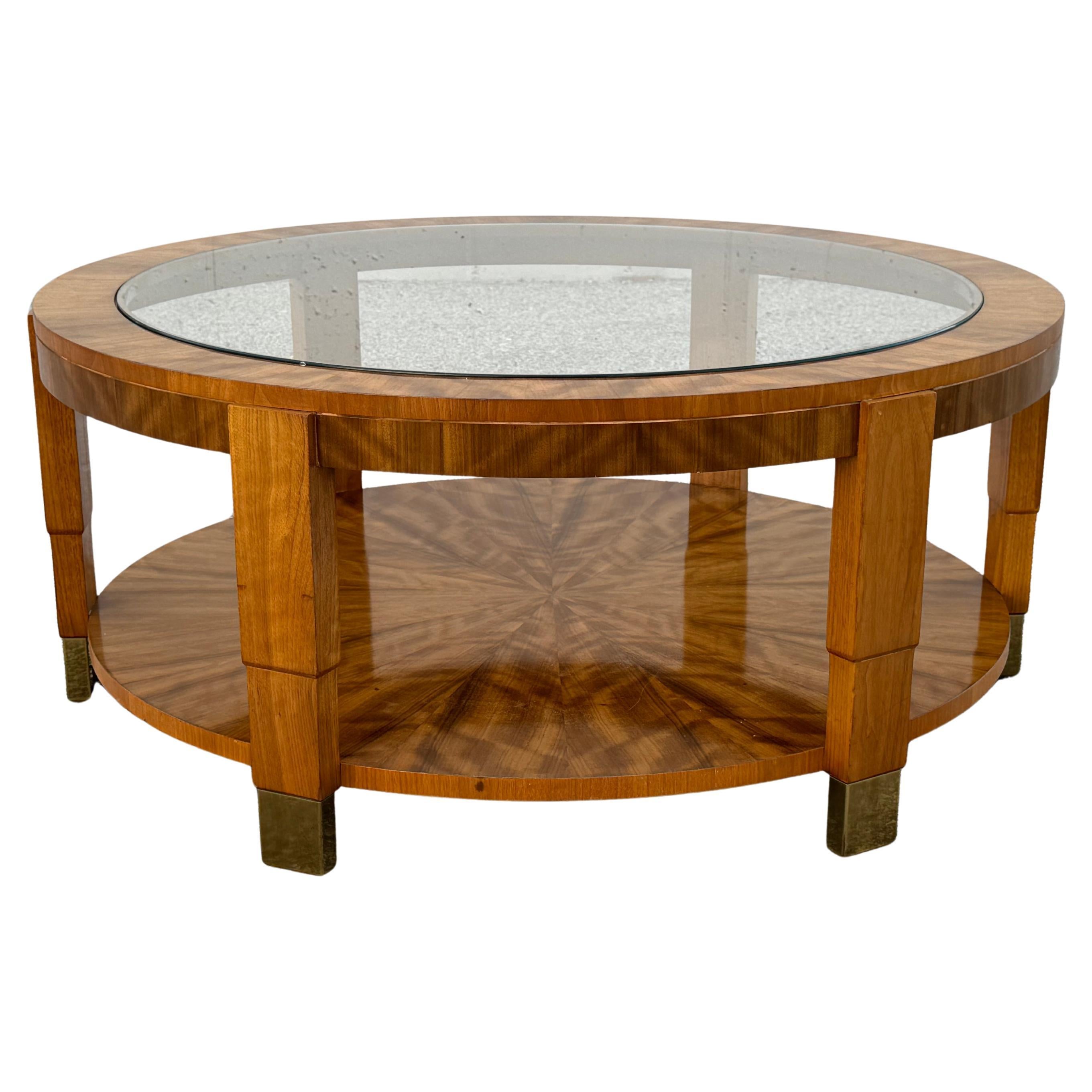 Charles Pfister Art Deco High Style Round Glass Top & Exotic Flame Veneer Base For Sale