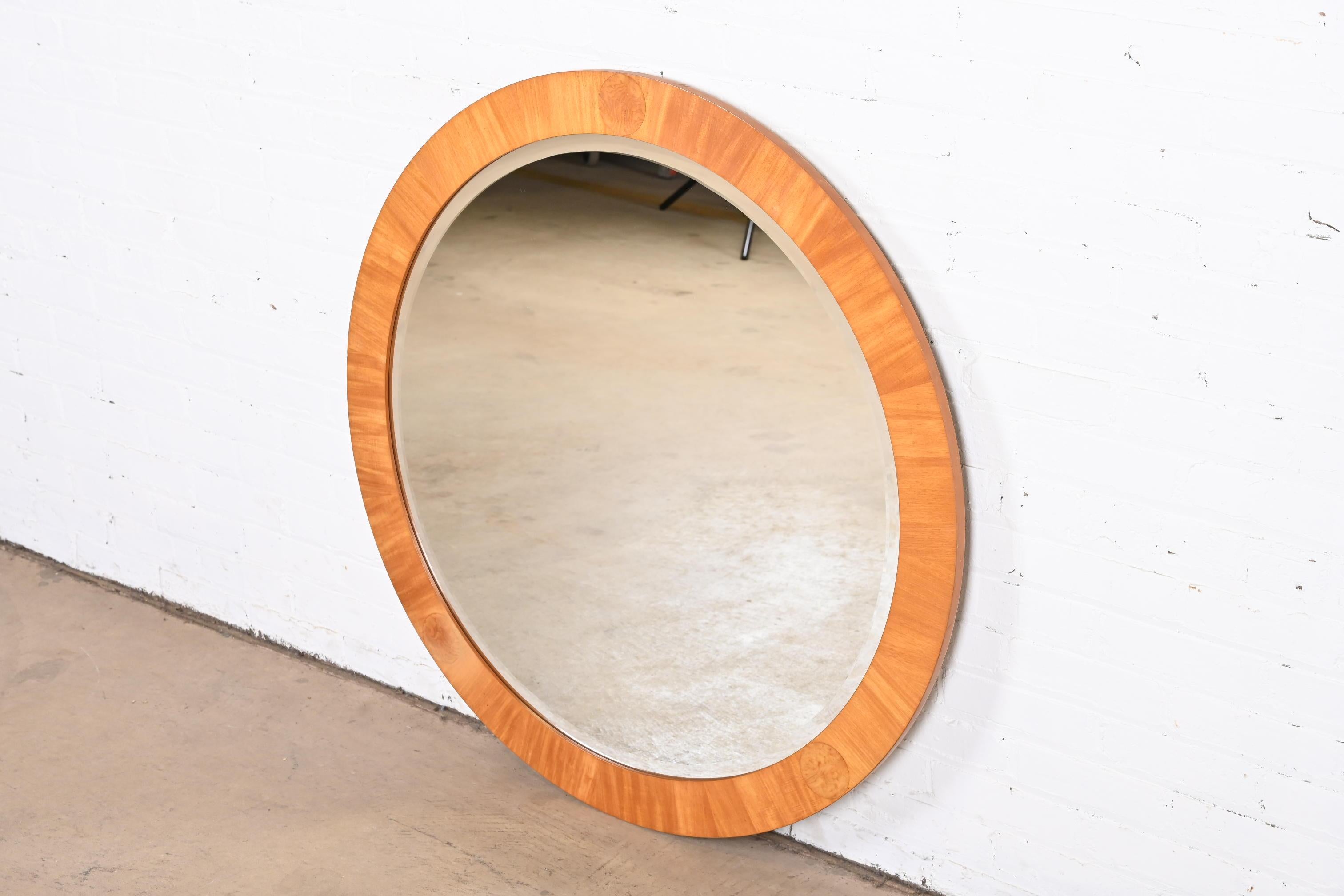 Late 20th Century Charles Pfister for Baker Art Deco Primavera and Burl Large Round Wall Mirror