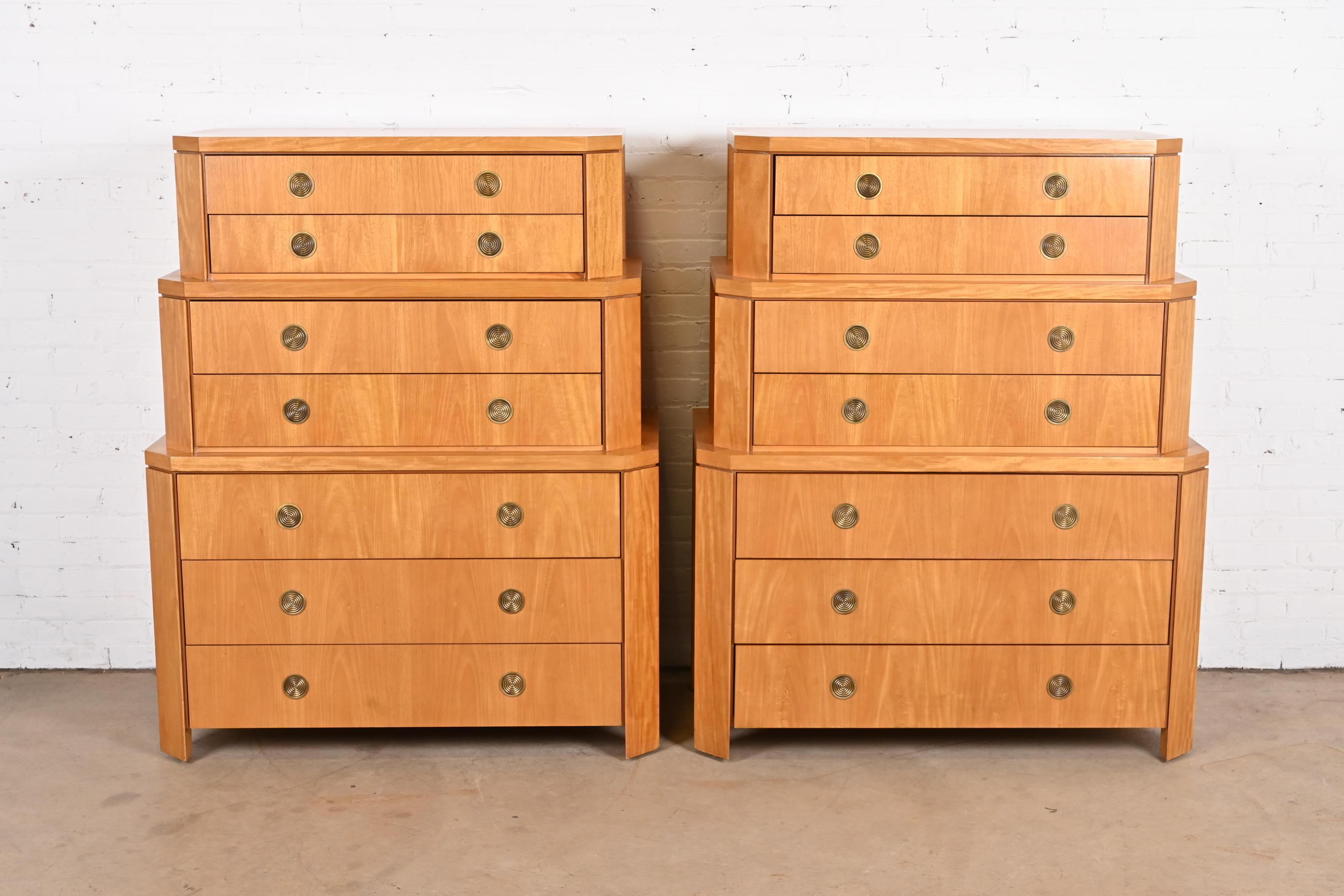 A rare and exceptional pair of modern Art Deco skyscraper triple chest-on-chest highboy dressers

By Charles Pfister for Baker Furniture

USA, 1980s

Primavera (white mahogany) wood, with parquetry inlay and concentric brass pulls.

Each