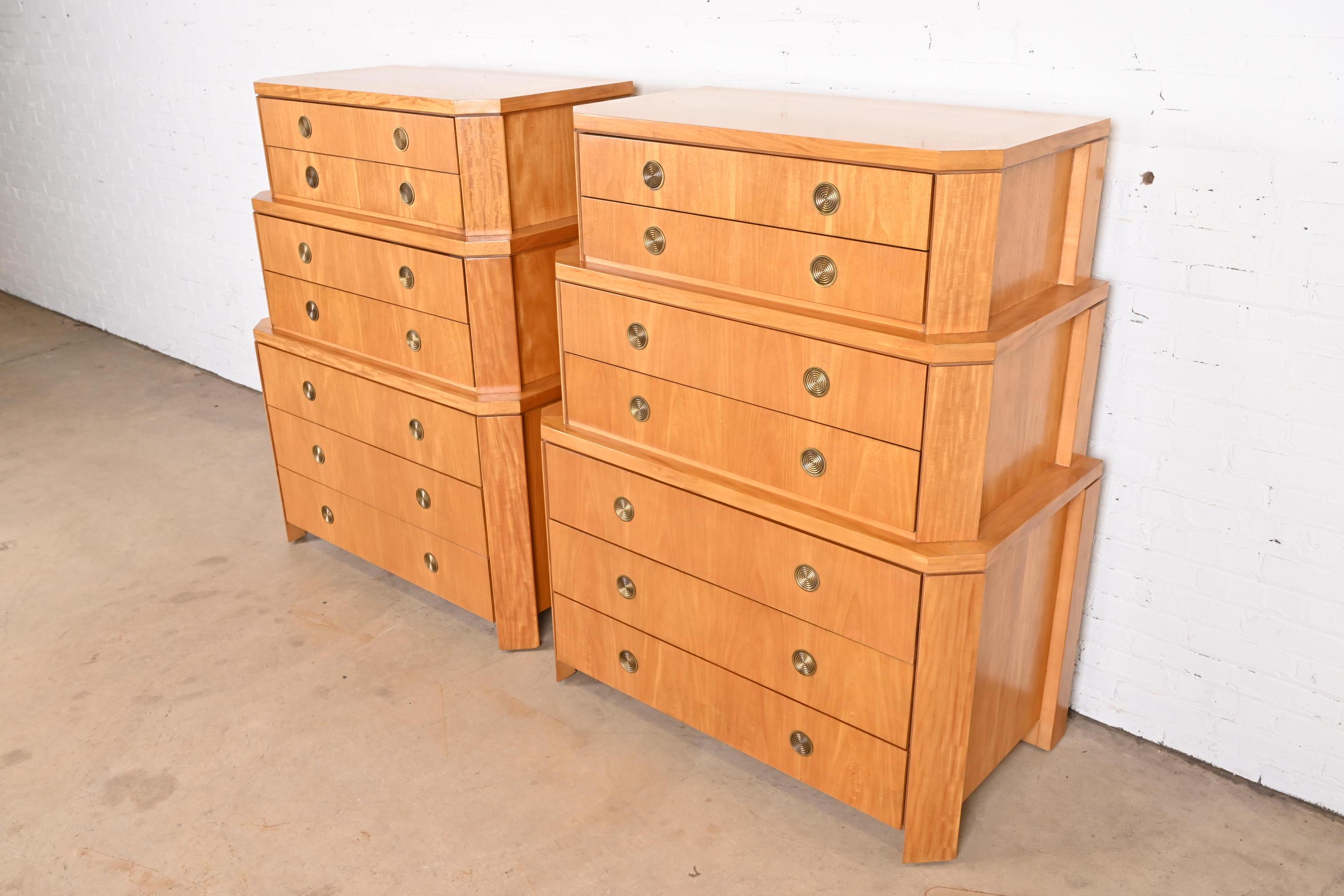 Charles Pfister for Baker Art Deco Triple Chest-on-chest Highboy Dressers, Pair In Good Condition In South Bend, IN