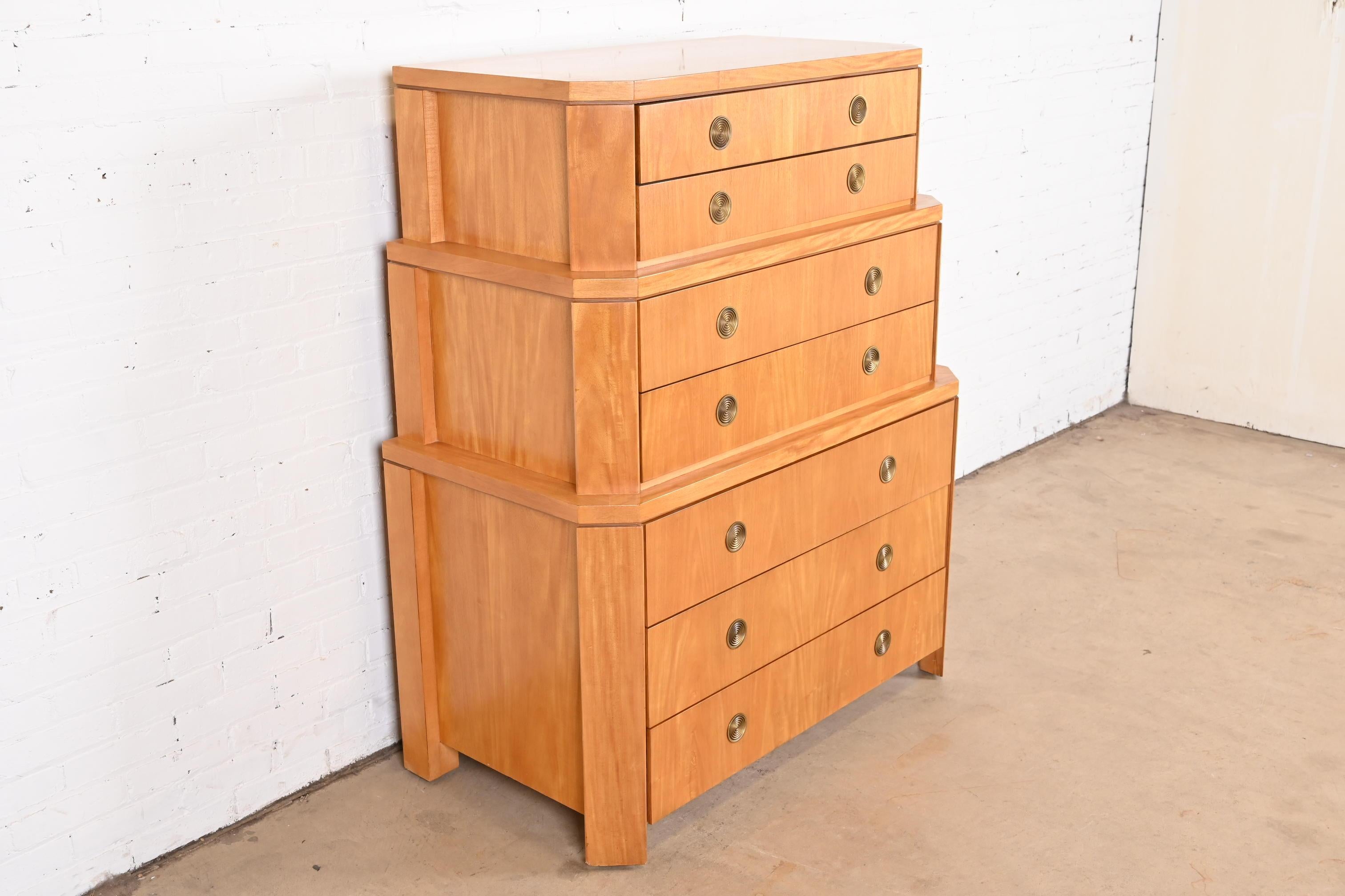 Charles Pfister for Baker Modern Art Deco Triple Chest-on-chest Highboy Dresser In Good Condition In South Bend, IN