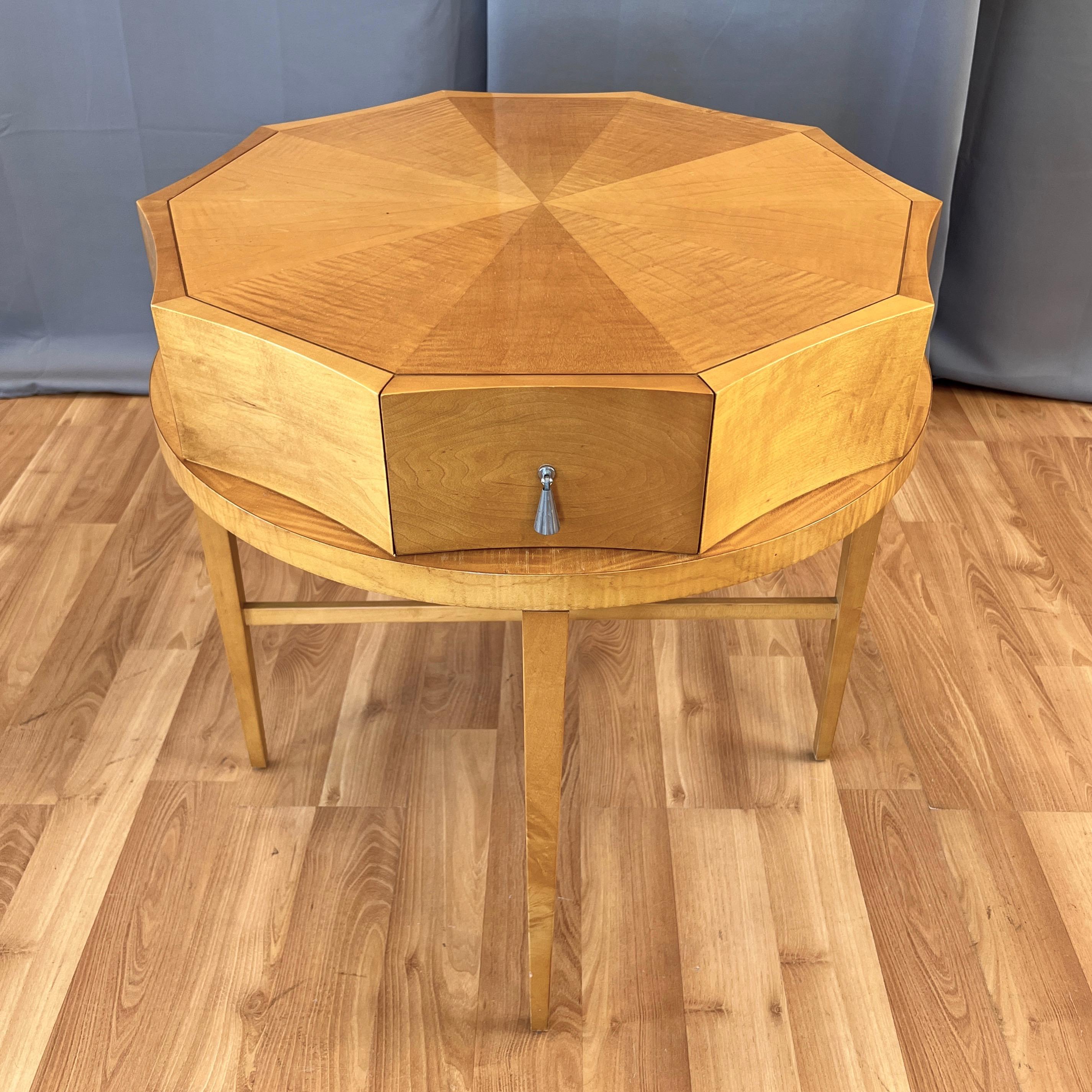 A very uncommon circa 1990 Archetype model no. 3967 round decagonal primavera lamp, side, or occasional table with drawer by Michael Vanderbyl for Baker Furniture.

Top with ten triangular sections framed by concave sides that are supported by a