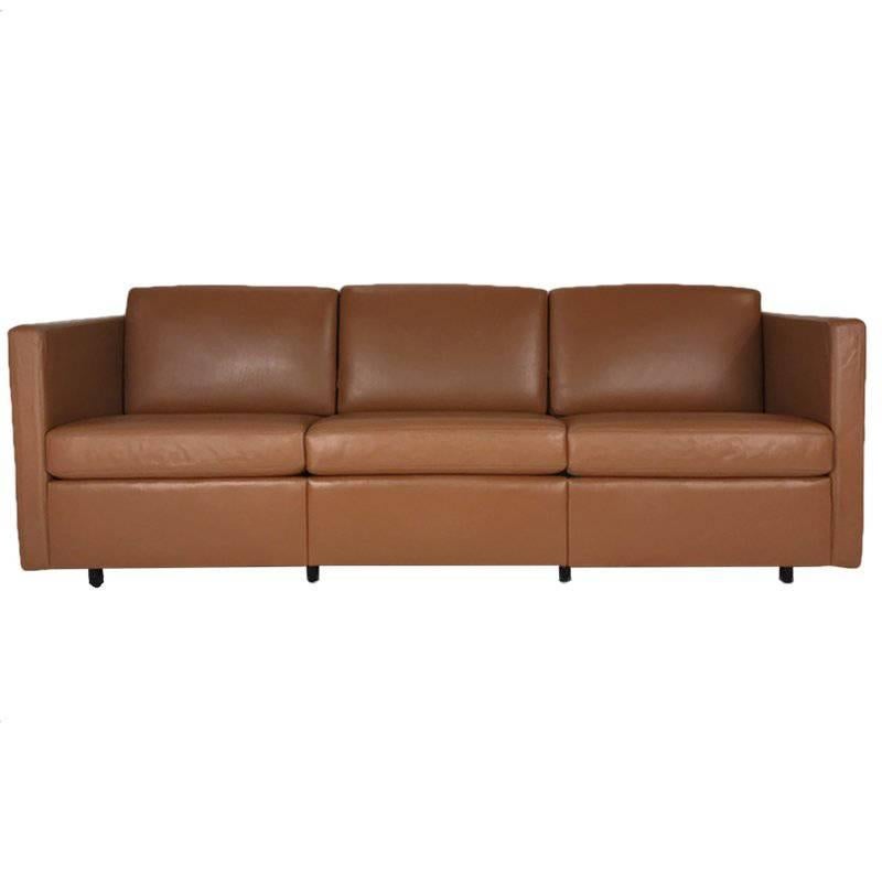 Charles Pfister for Knoll Box Stitched Leather Tuxedo Style Three-Seat Sofa