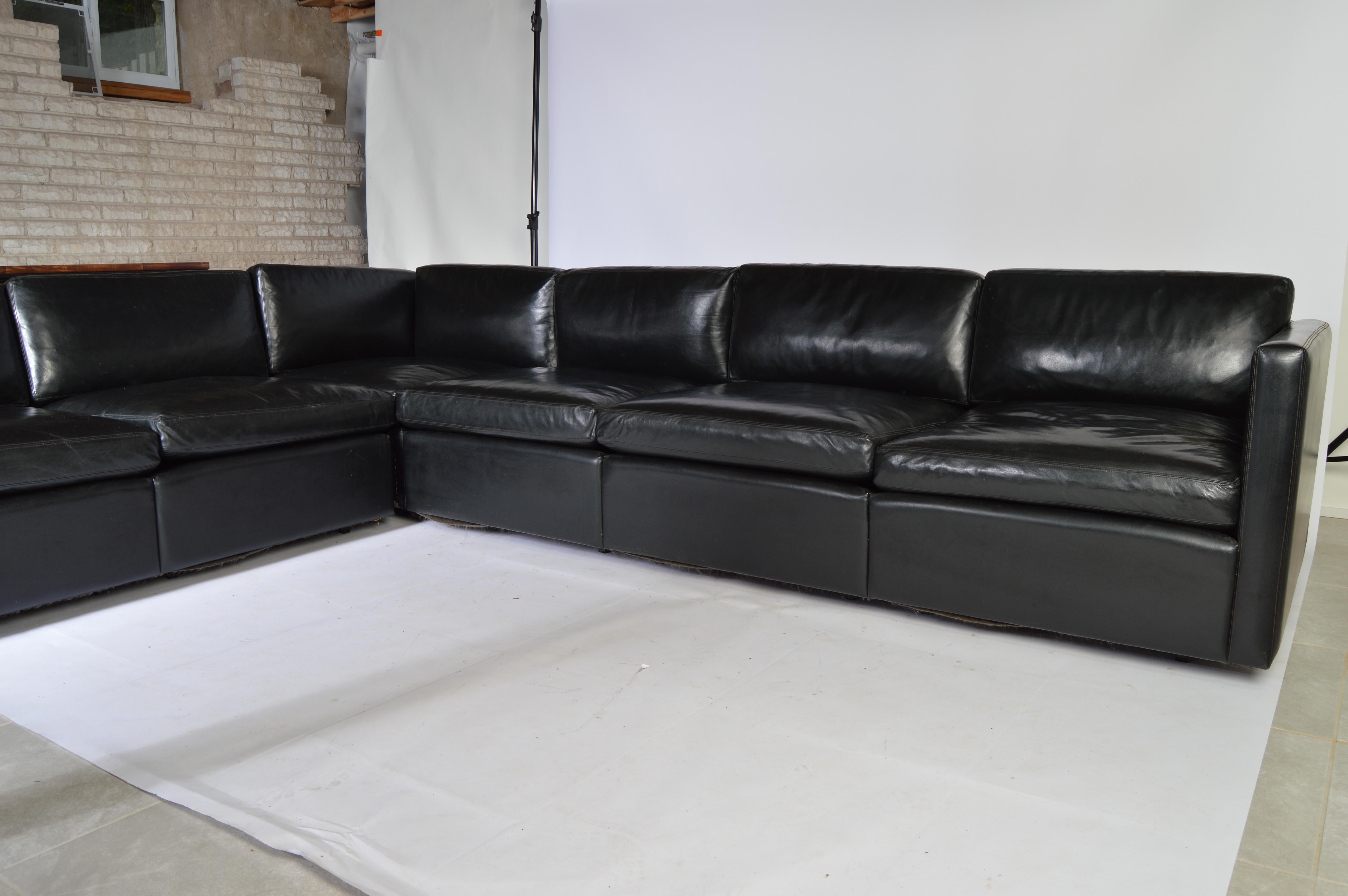 A phenomenal black leather sectional designed by Charles Pfister for Knoll. Each section has the original tag underneath. It is not too often that you see a vintage example in leather.
Executive office usage. Leather is in fantastic condition as