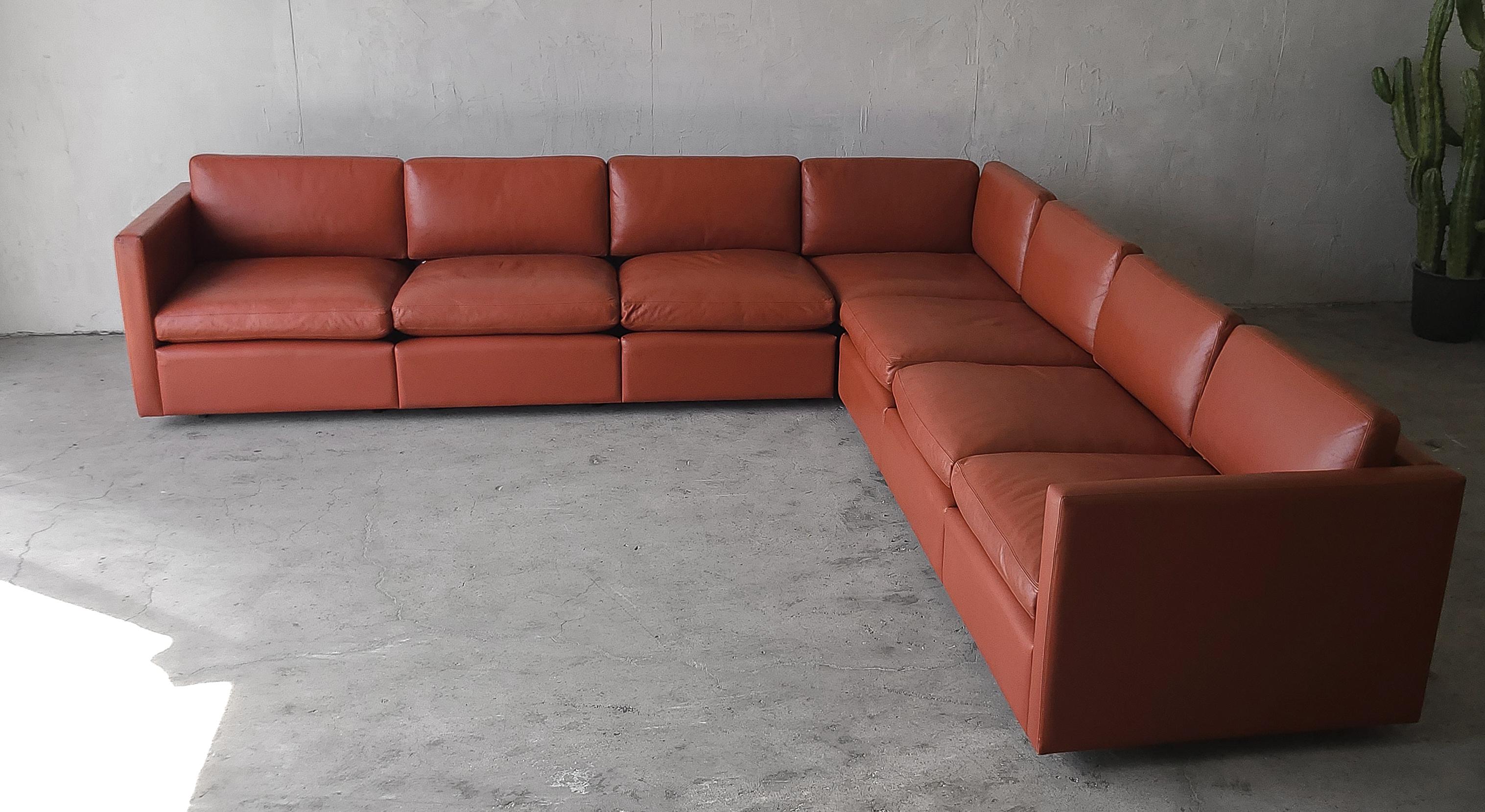 All original modular sectional sofa designed by Charles Pfister for Knoll.  Comprised of 7 pieces that can be configured several ways for layout flexibility within different spaces.  Sofa is RARE vintage leather with down cushions.

The sofa is in