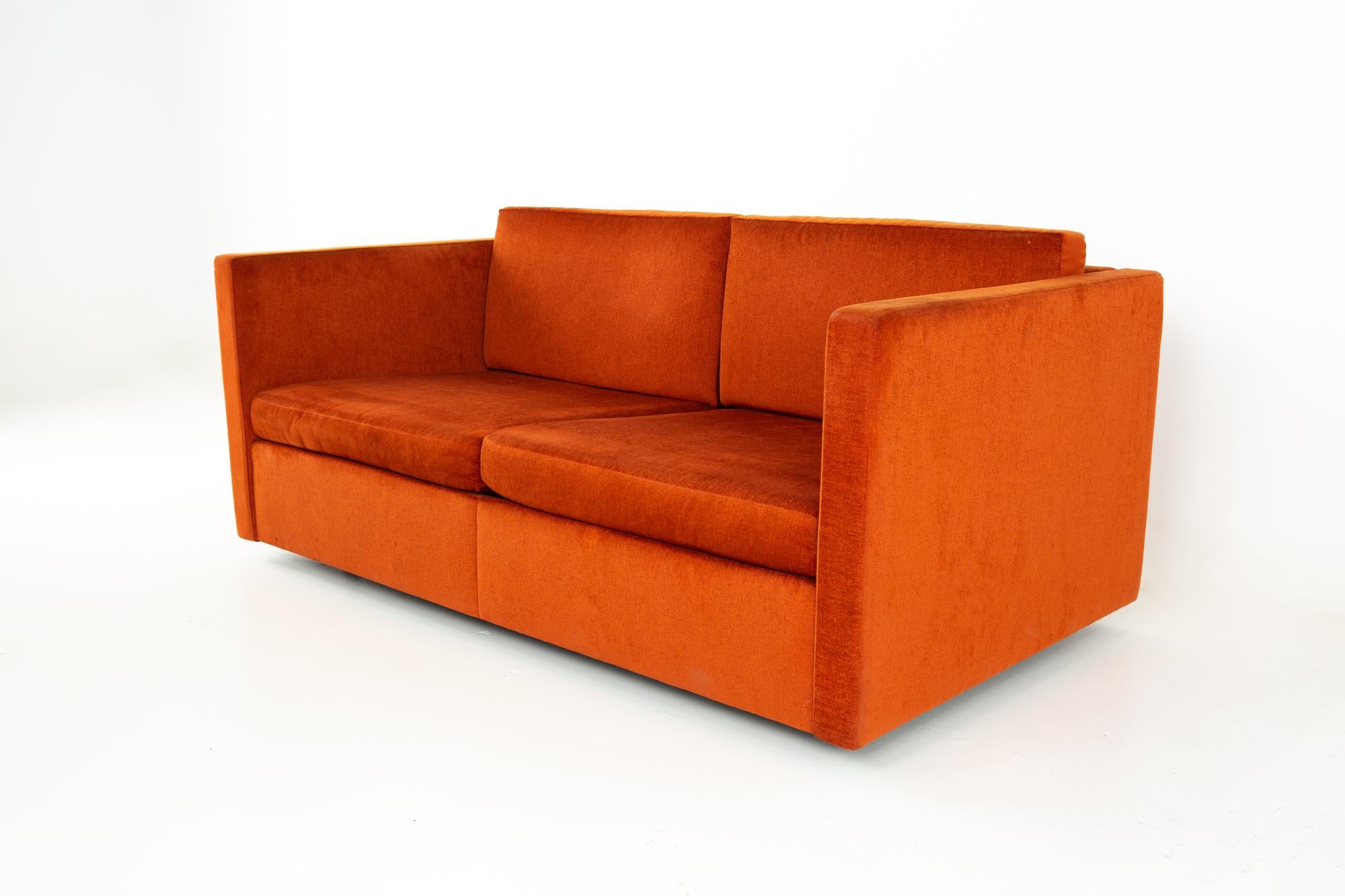 Charles Pfister for Knoll mid century loveseat settee sofa
Loveseat measures: 59.5 wide x 34 deep x 25 high, with a seat height of 13.5 and arm height of 23.5 inches 

All pieces of furniture can be had in what we call restored vintage condition.