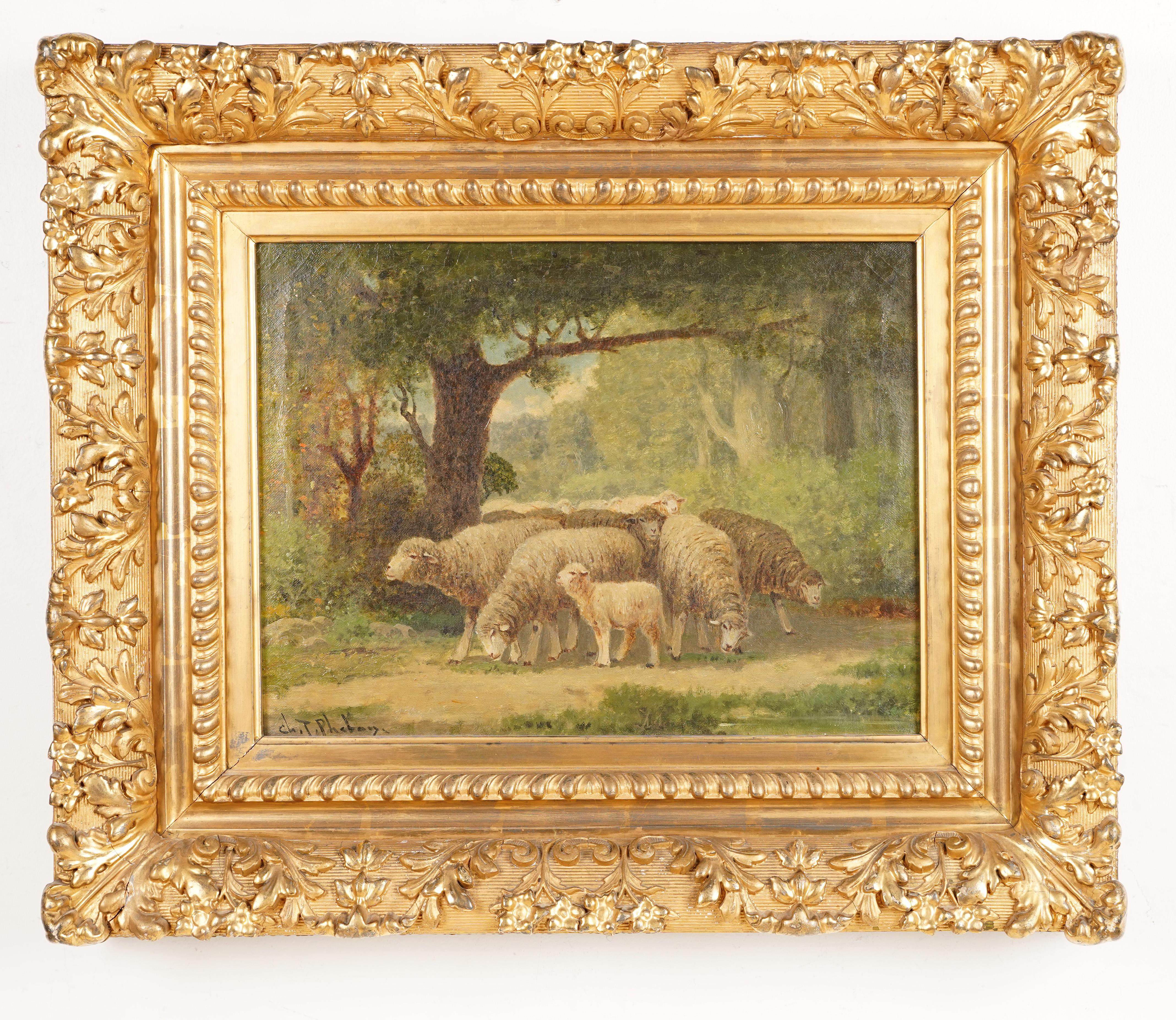 Antique Signé Impressioniste Pastoral Moutons Paissant Paysage Peinture à l'Huile - Impressionnisme Painting par Charles Phelan