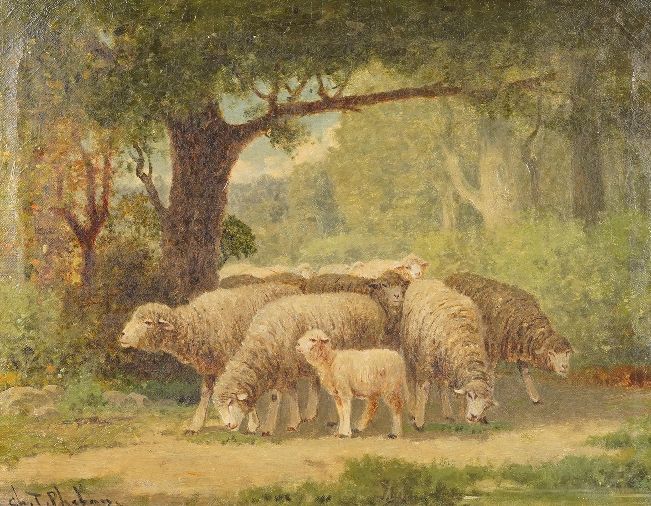 Antique Signé Impressioniste Pastoral Moutons Paissant Paysage Peinture à l'Huile - Marron Landscape Painting par Charles Phelan