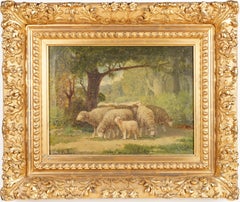 Antikes, signiertes, impressionistisches Ölgemälde, Pastoral-Schaf, grasende Landschaft