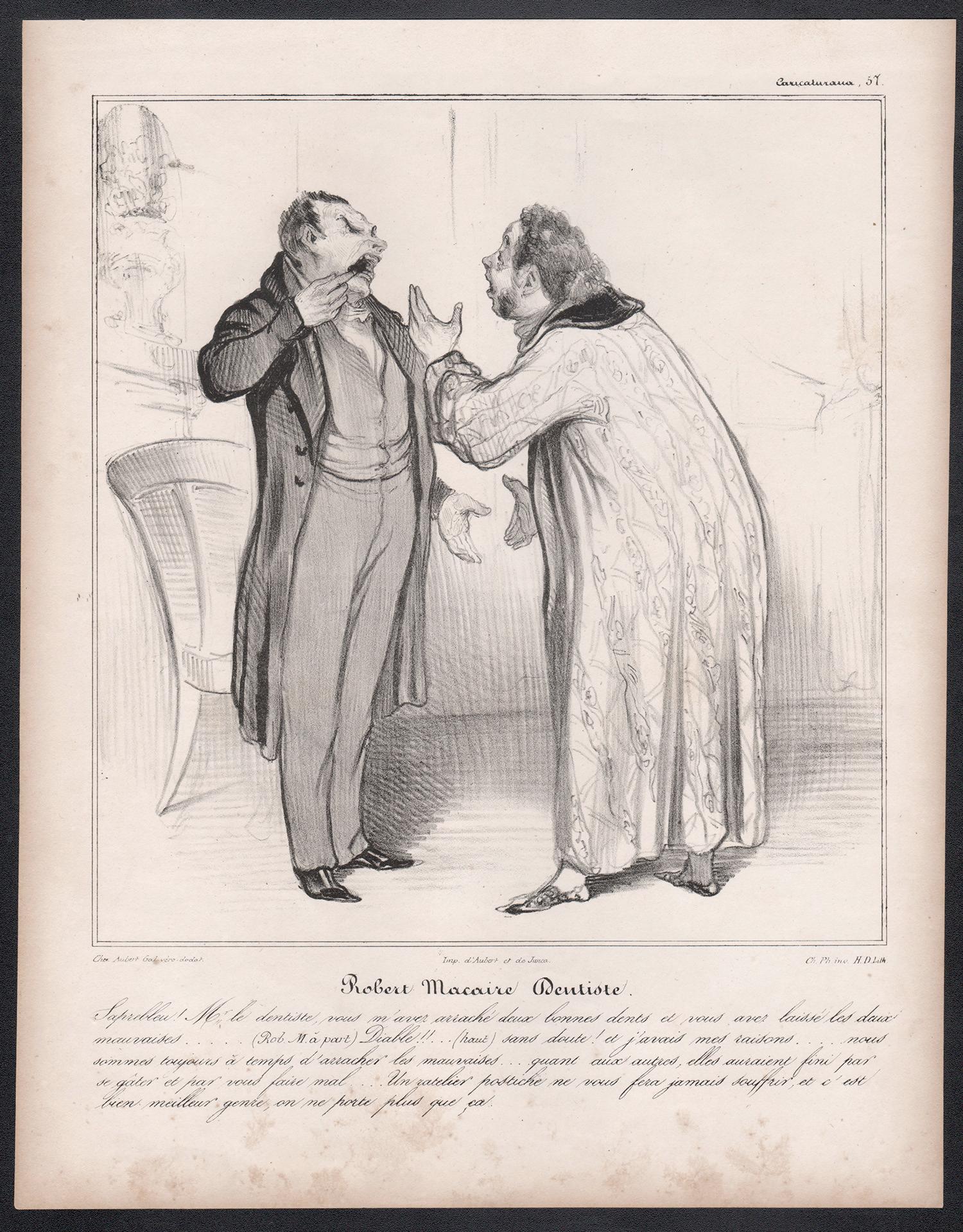 Robert Macaire Dentiste, dentista francés litografía caricatura de dentista - Print de Charles Philipon