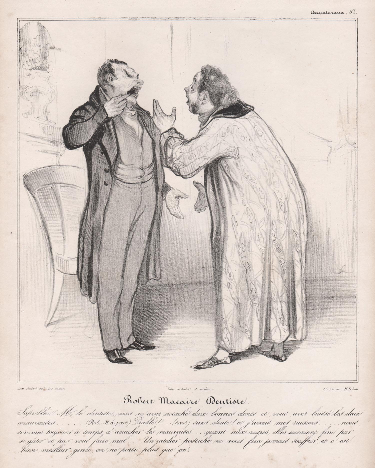 Robert Macaire Dentiste, dentista francés litografía caricatura de dentista