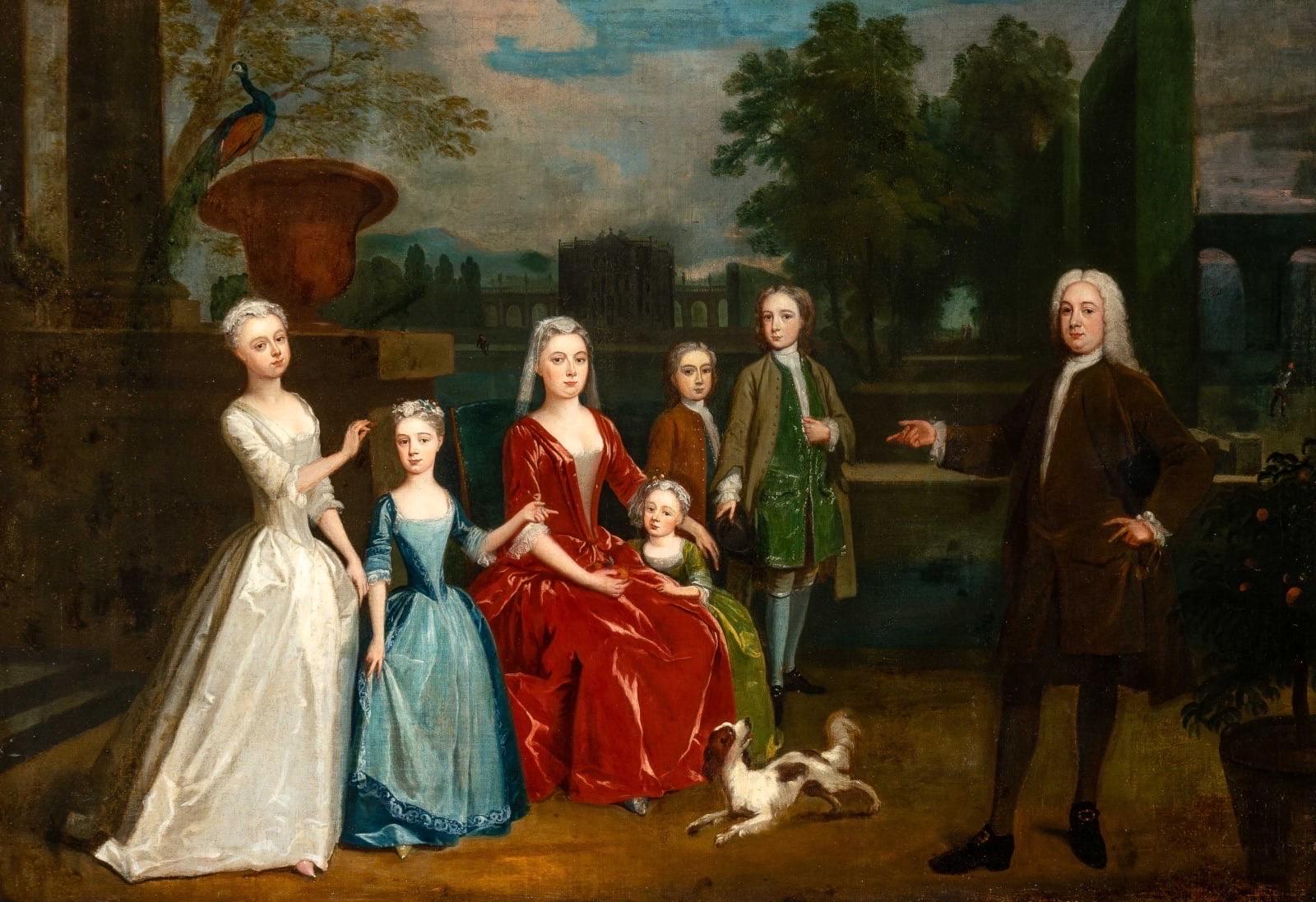 Tableau du XVIIIe siècle représentant la famille Dalbiac dans les jardins d'une maison de campagne - Painting de Charles Philips