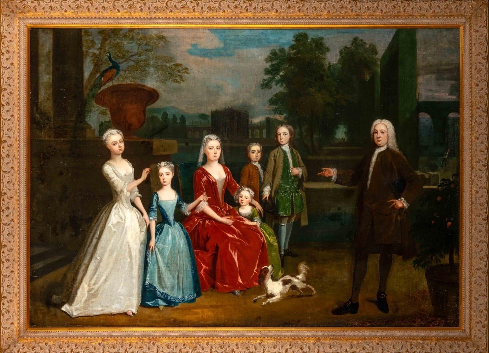 Portrait Painting Charles Philips - Tableau du XVIIIe siècle représentant la famille Dalbiac dans les jardins d'une maison de campagne
