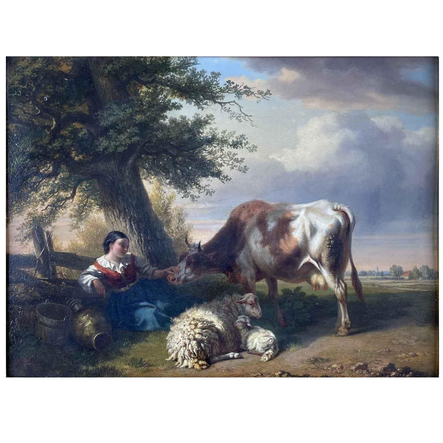 Tschaggeny Paesaggio Pastorale Fiammingo 1849. L'autore belga in questo dipinto ad olio su tavola di rovere del XIX secolo rappresenta una scena bucolica, un paesaggio con animali ed una pastorella, di grande qualità pittorica; una contadina  riposa