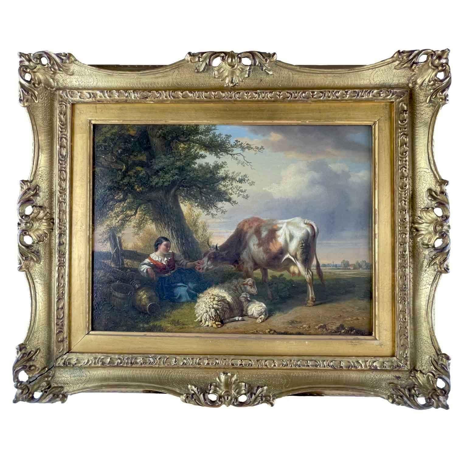 Paesaggio Antico Fiammingo con Scena Pastorale e Animali Tschaggeny 1849