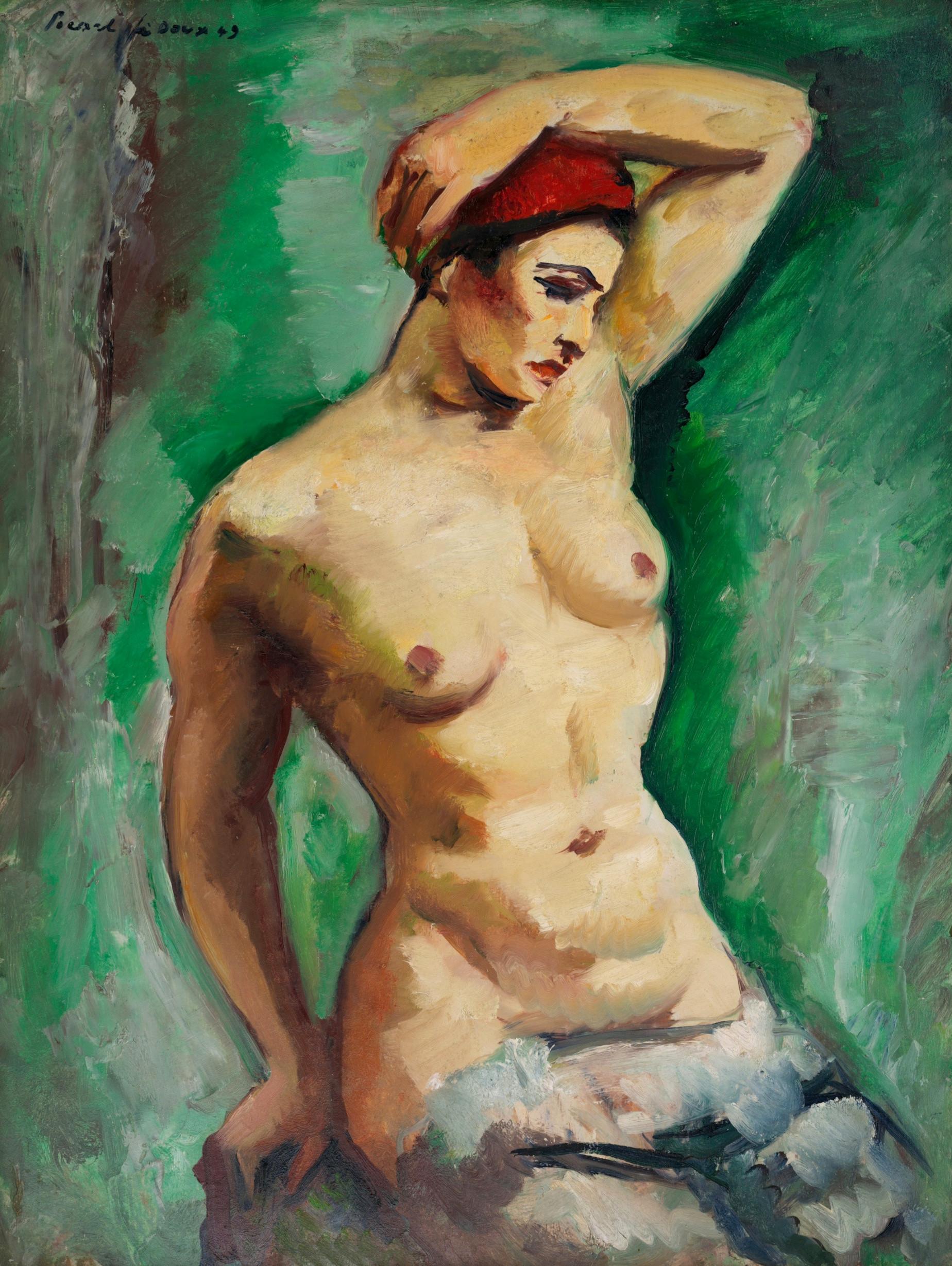 Charles PICART LE DOUX, Model on Green Background, Oil on Isorel, 1949 - Painting by Charles Picart le Doux