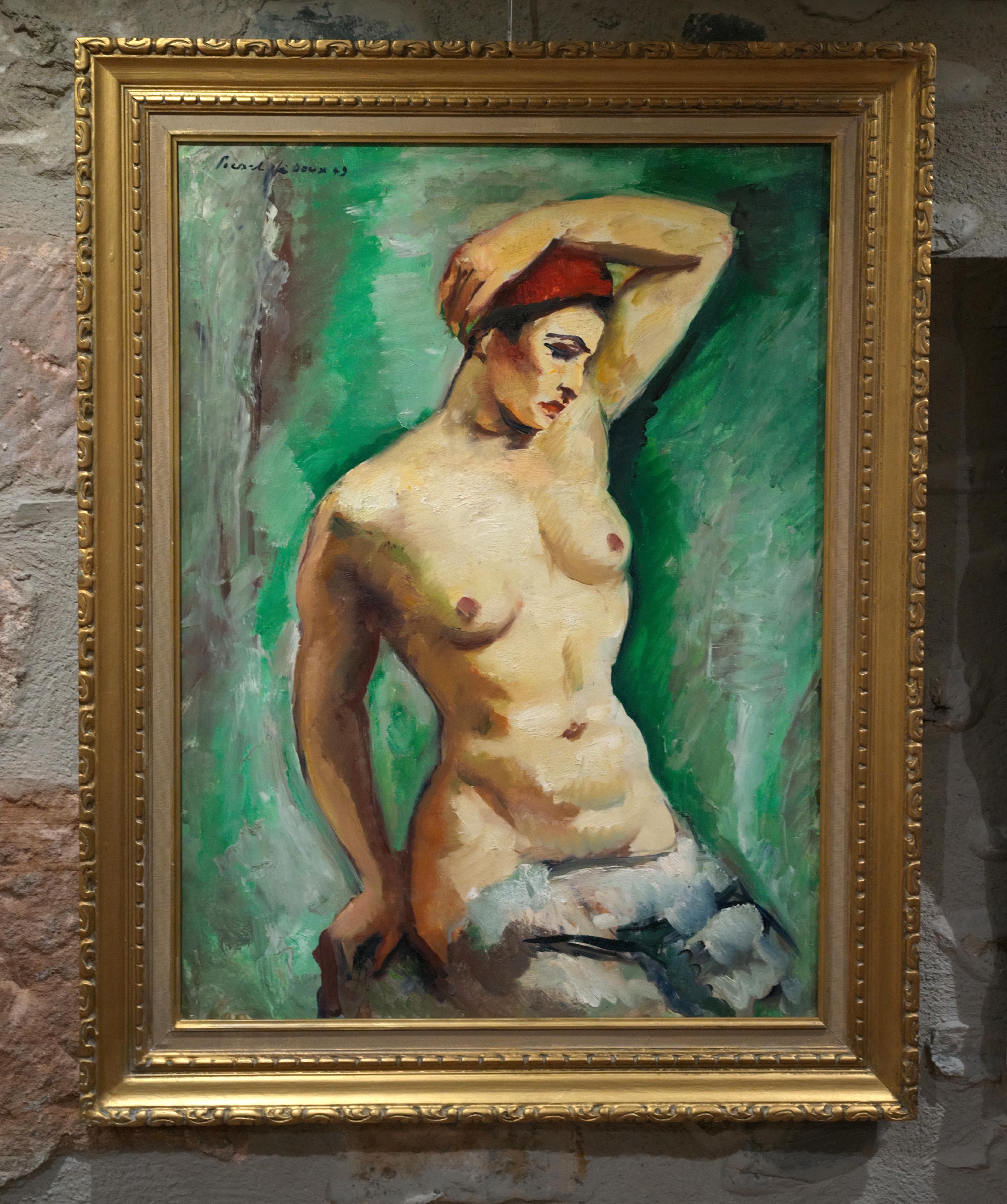 Charles PICART LE DOUX, Model on Green Background, Oil on Isorel, 1949 - Painting by Charles Picart le Doux