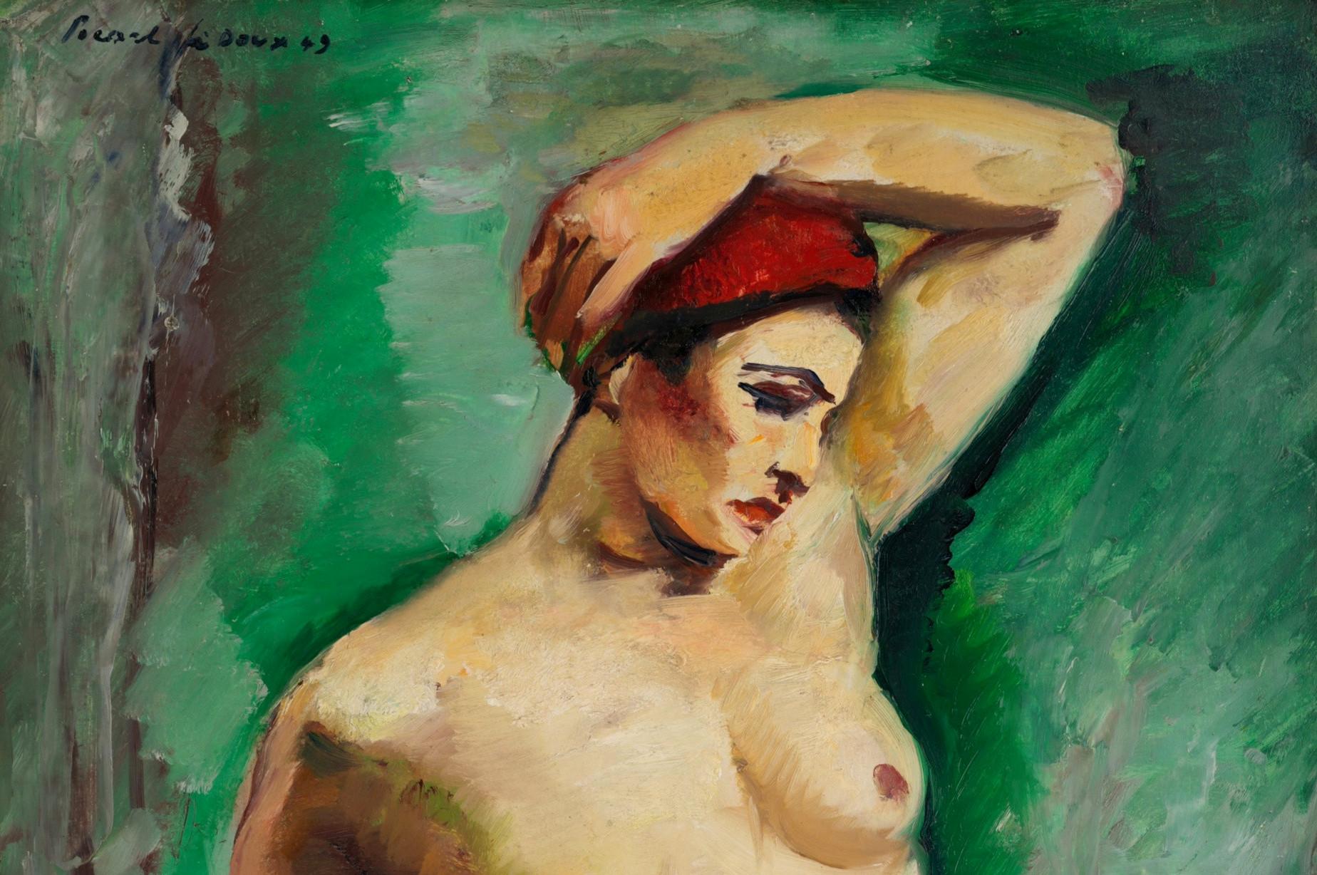 Charles PICART LE DOUX, Model on Green Background, Oil on Isorel, 1949 - Post-Impressionist Painting by Charles Picart le Doux