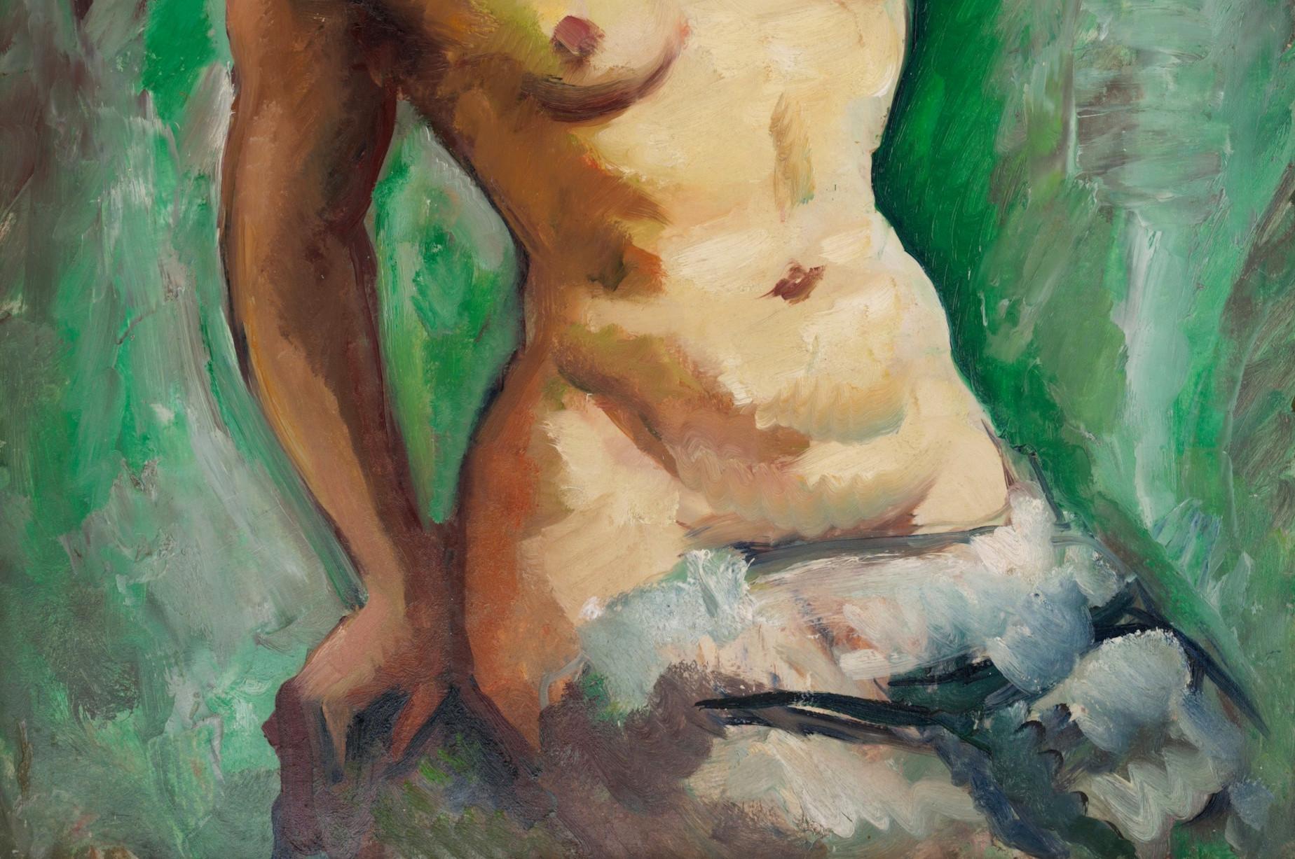 Charles PICART LE DOUX, Model on Green Background, Oil on Isorel, 1949 - Brown Portrait Painting by Charles Picart le Doux