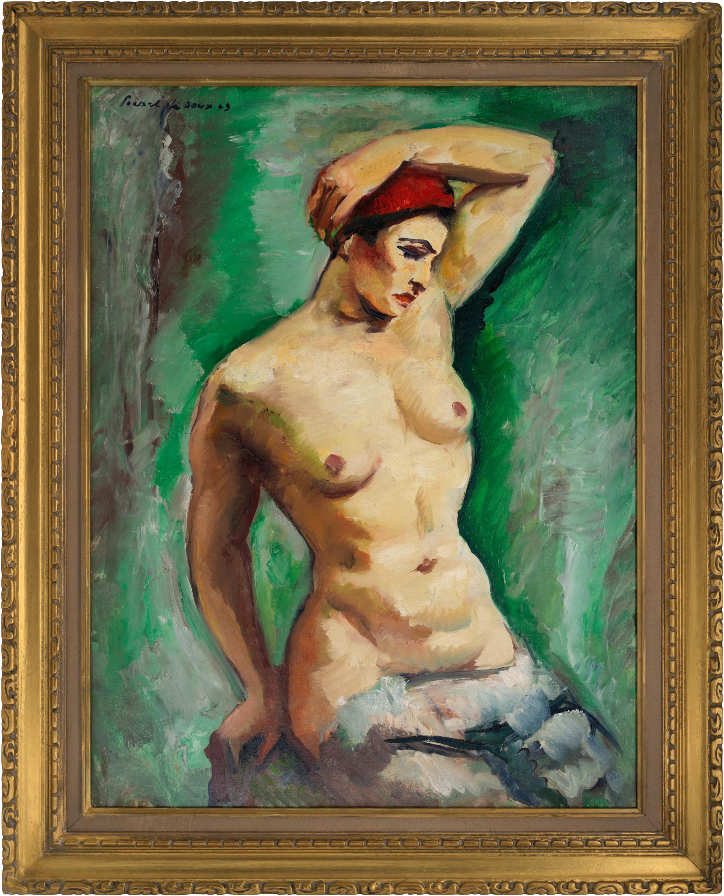 Charles Picart le Doux Portrait Painting – Charles PICART LE DOUX, Modell auf grünem Hintergrund, Öl auf Isorel, 1949