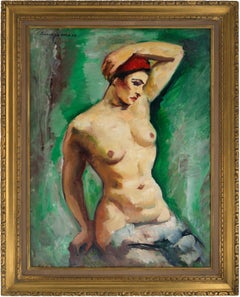 Charles PICART LE DOUX, Model on Green Background, Oil on Isorel, 1949