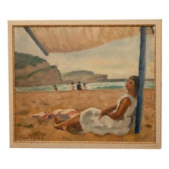 French Oil on Canvas Post Impressionist Portrait Painting Beach Sea Scene Spain