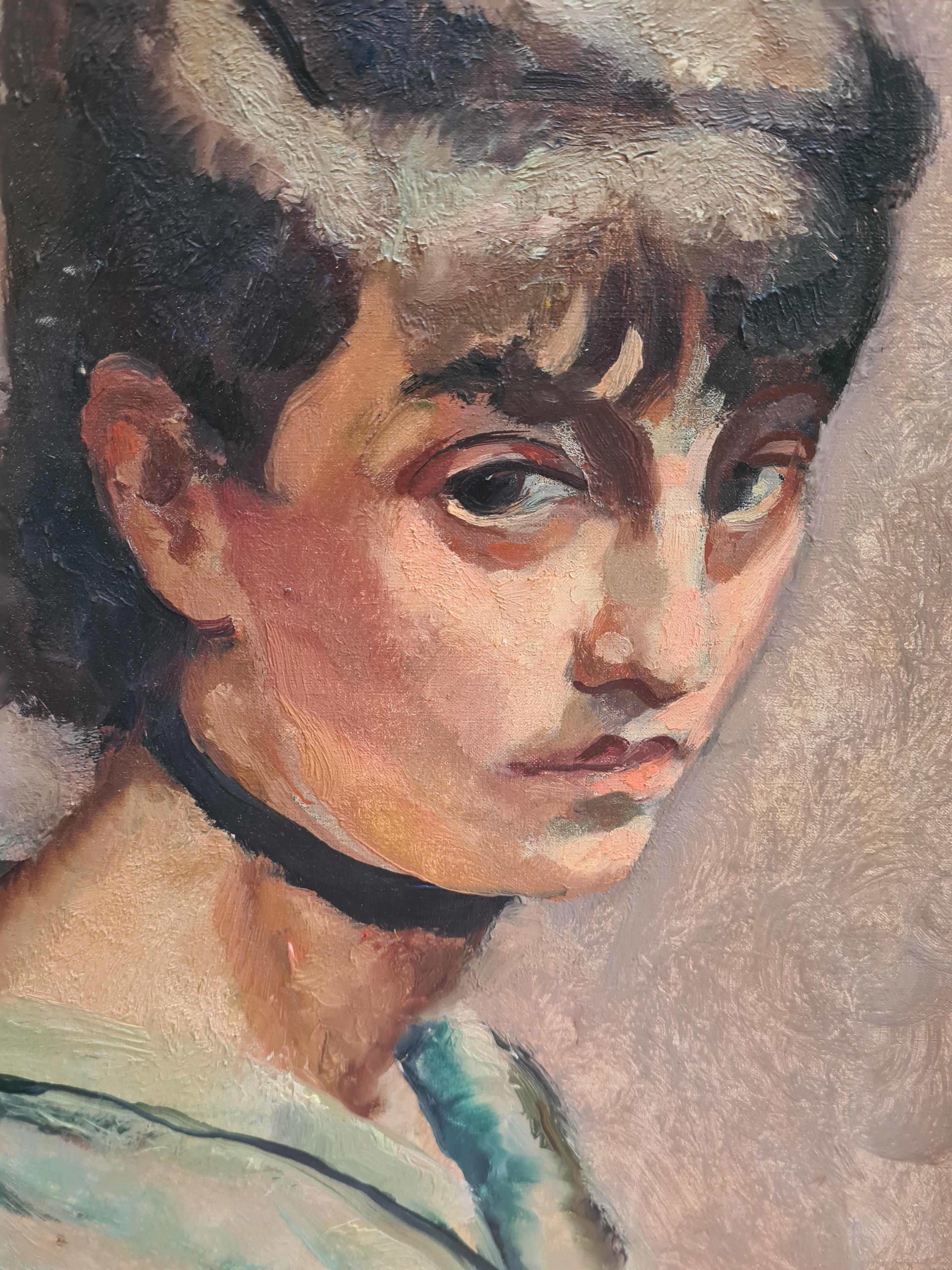 Portrait d'une jeune beauté à l'huile sur toile par Charles Alexandre René Picart Le Doux. Signé et daté en bas à droite. Une étiquette d'exposition portant le numéro et le titre 