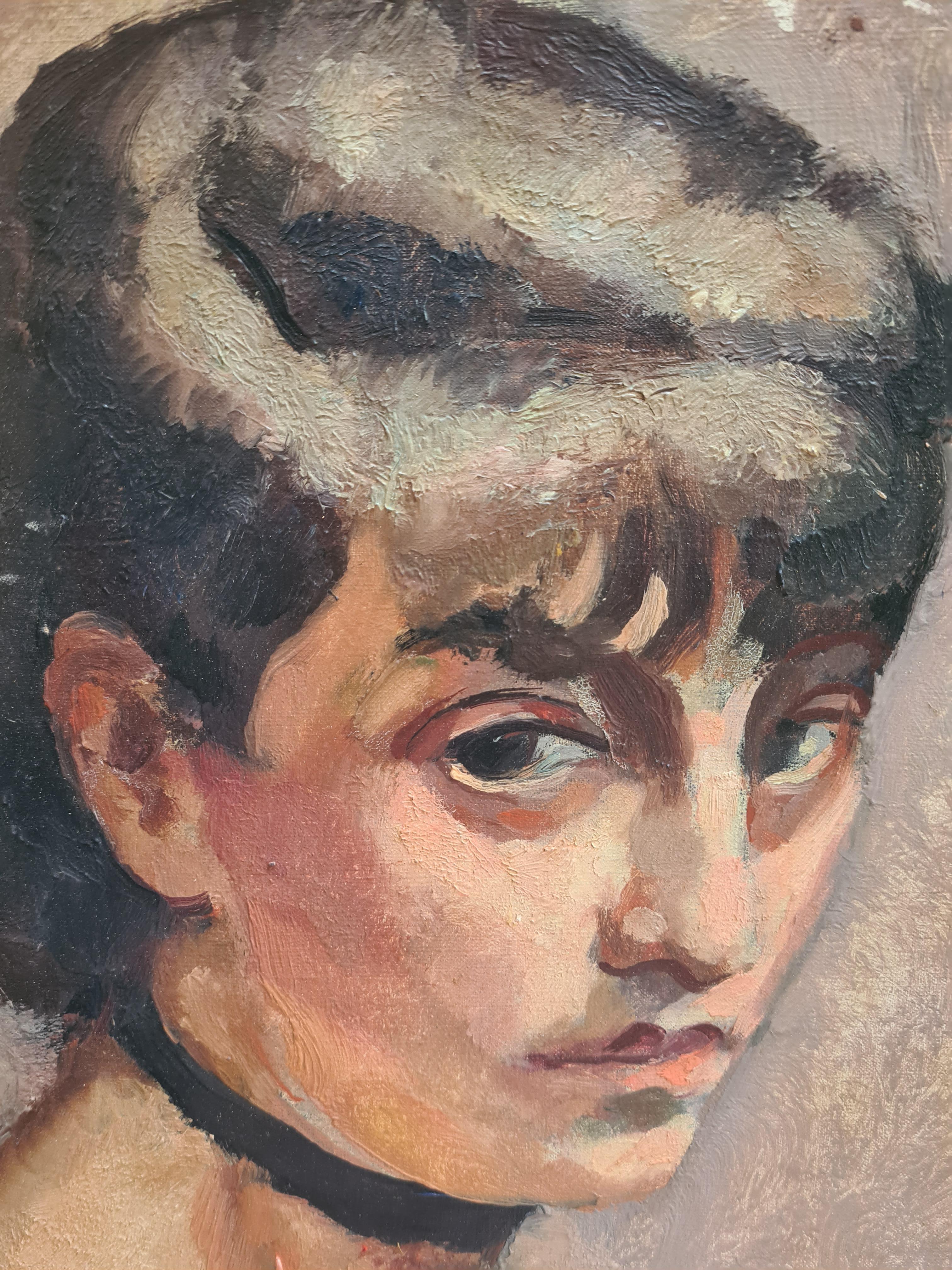 Französisches Öl auf Leinwand Porträt einer jungen Schönheit von Charles Alexandre René Picart Le Doux. Signiert und datiert unten rechts. Auf dem hinteren Keilrahmen befindet sich ein Ausstellungsetikett mit Nummer und Titel 