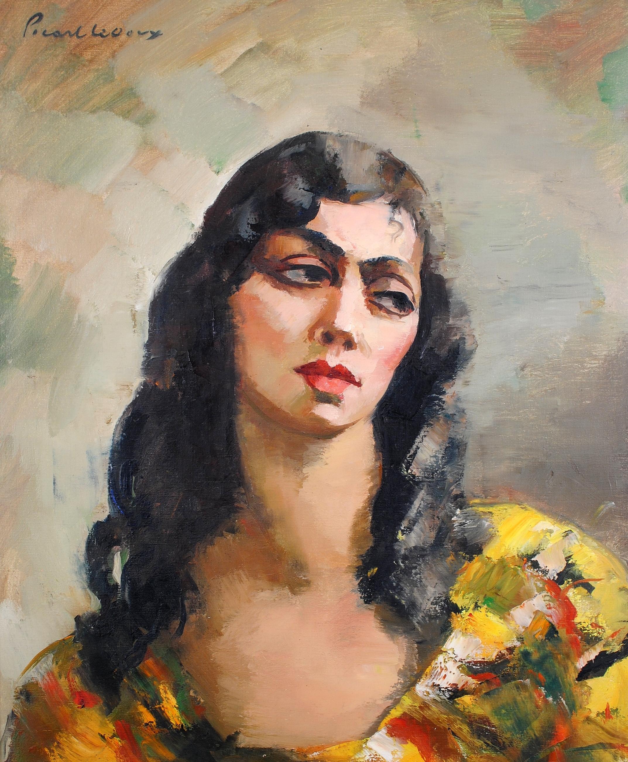 Portrait of a Young Lady - Large Antique French Post Impressionist Oil Painting - Brown Portrait Painting by Charles Picart le Doux