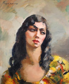 Retrato de una joven - Gran óleo postimpresionista francés antiguo