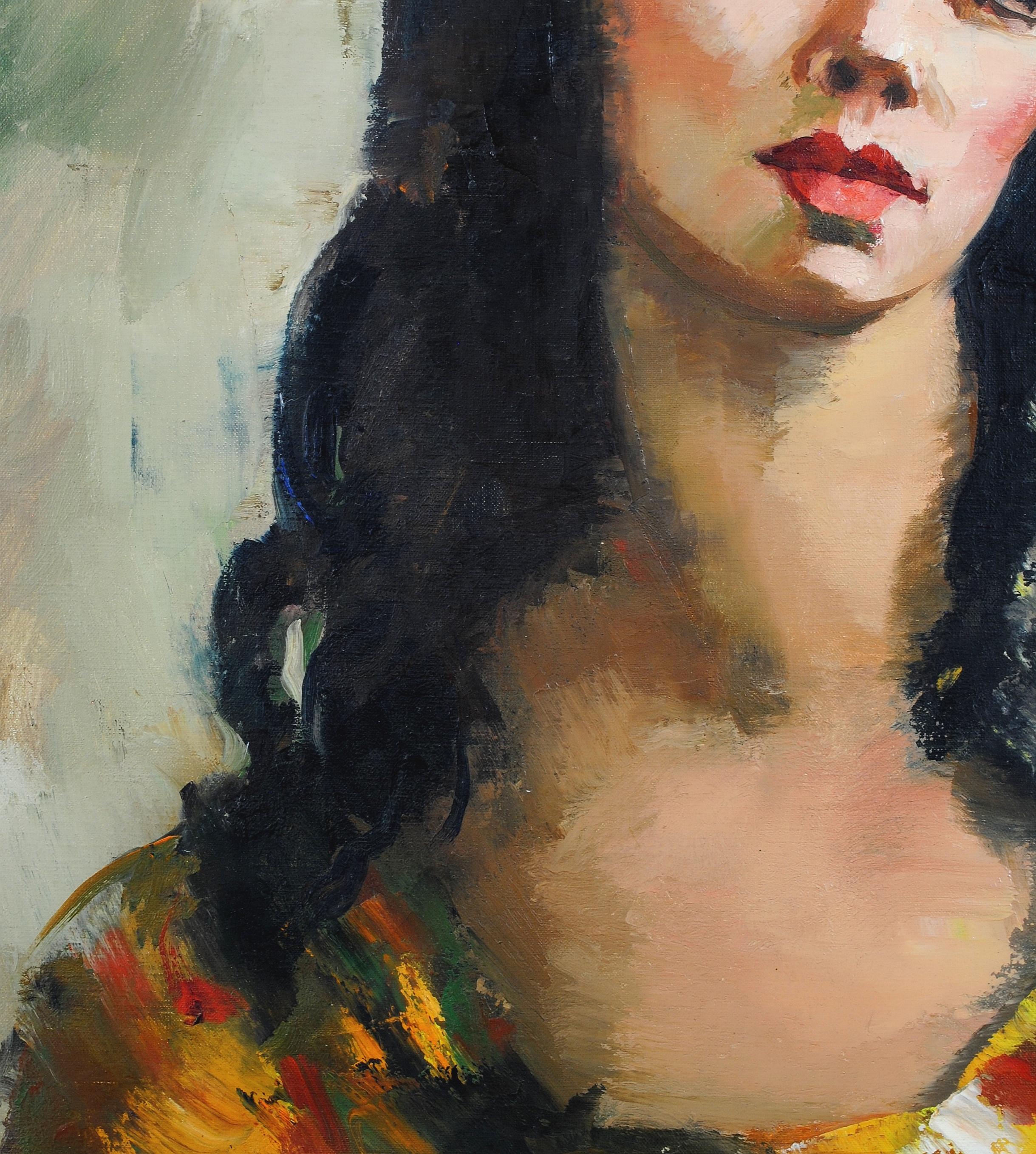 Portrait of a Young Lady - Large Antique French Post Impressionist Oil Painting For Sale 1
