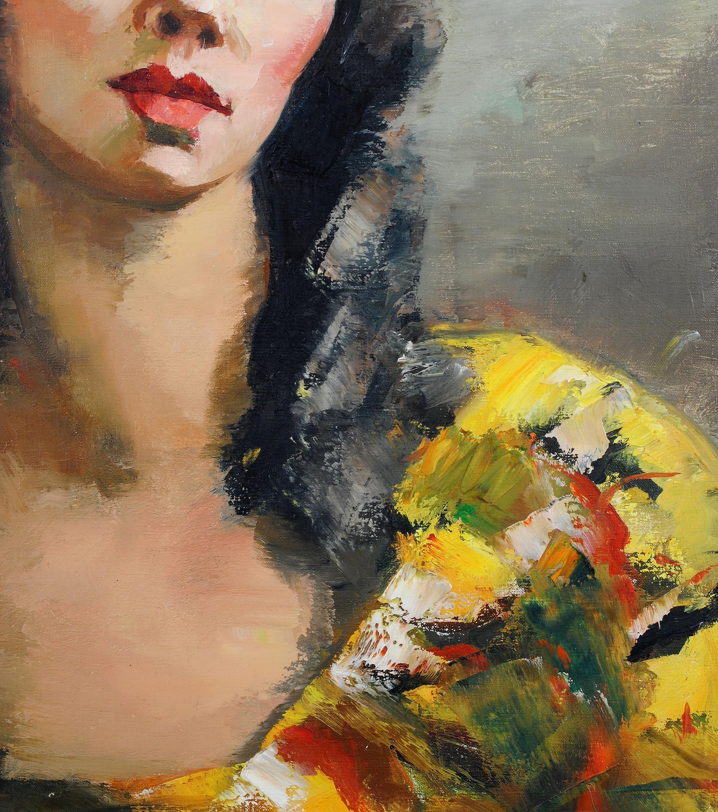 Portrait of a Young Lady - Large Antique French Post Impressionist Oil Painting For Sale 2