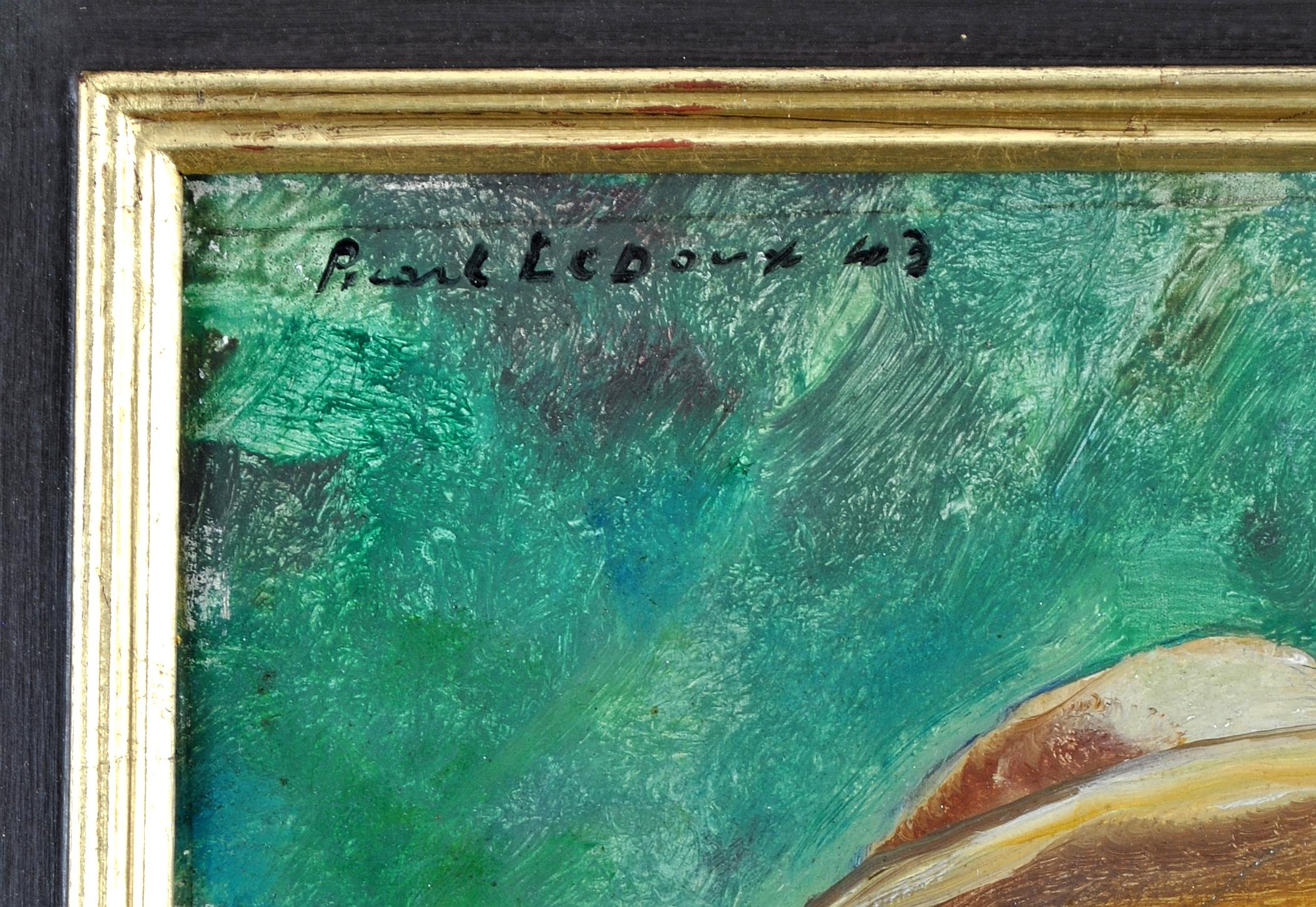Magnifique autoportrait à l'huile impressionniste française sur panneau, signé et daté 1943, de Charles Picart le Doux, ami de Picasso, Pissarro et de nombreux autres artistes parisiens du début du 20e siècle.

Le Doux s'est représenté vêtu d'une